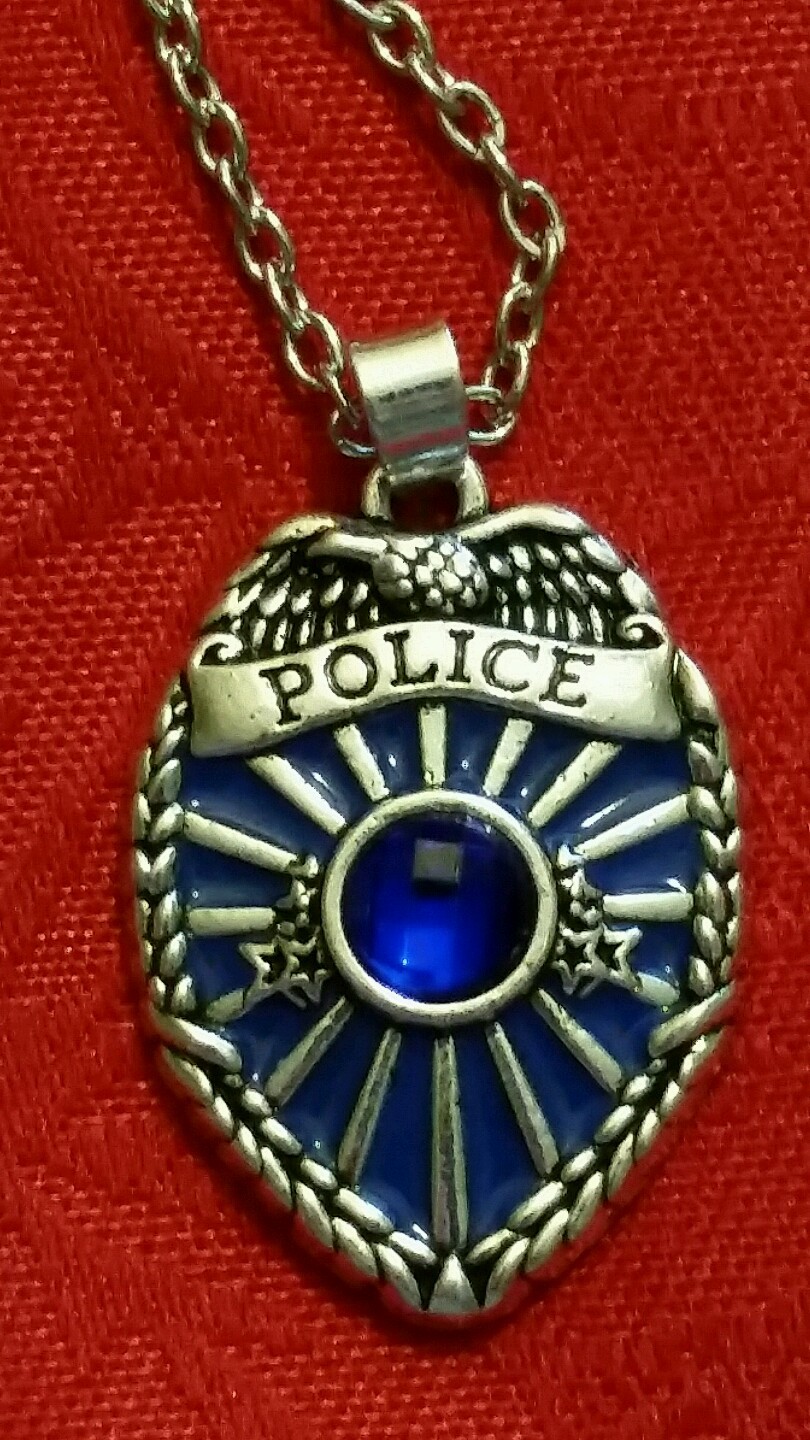 18″ POLICE BADGE SILVER PLATED BLUE ENAMEL & BLUE FAUX CRYSTAL PENDANT NECKLACE