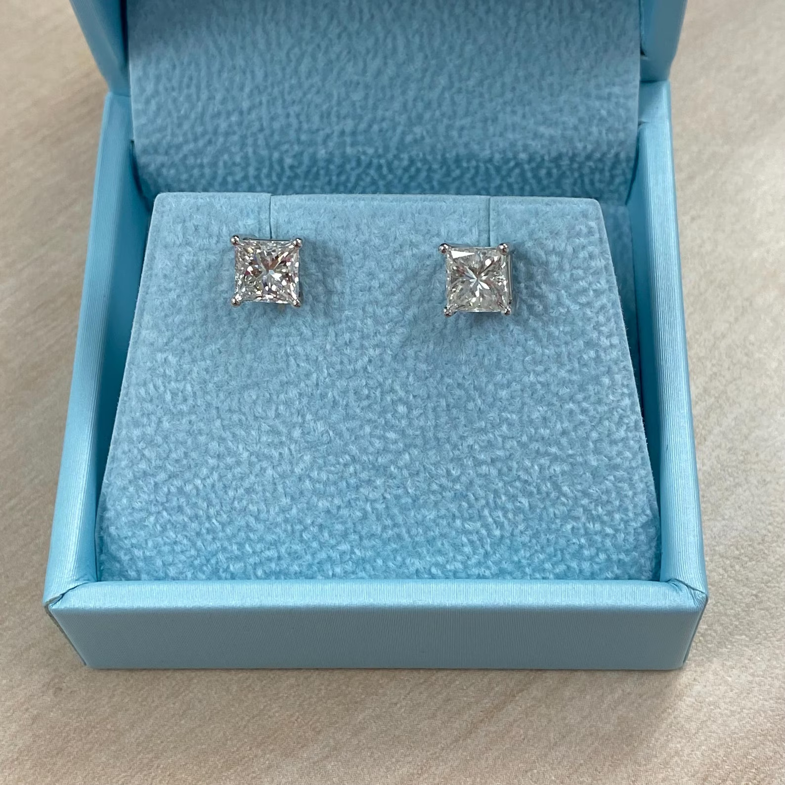 Princess Cut Natural Diamond Stud Earrings, 14k White Gold, Certified 1.27 Ct