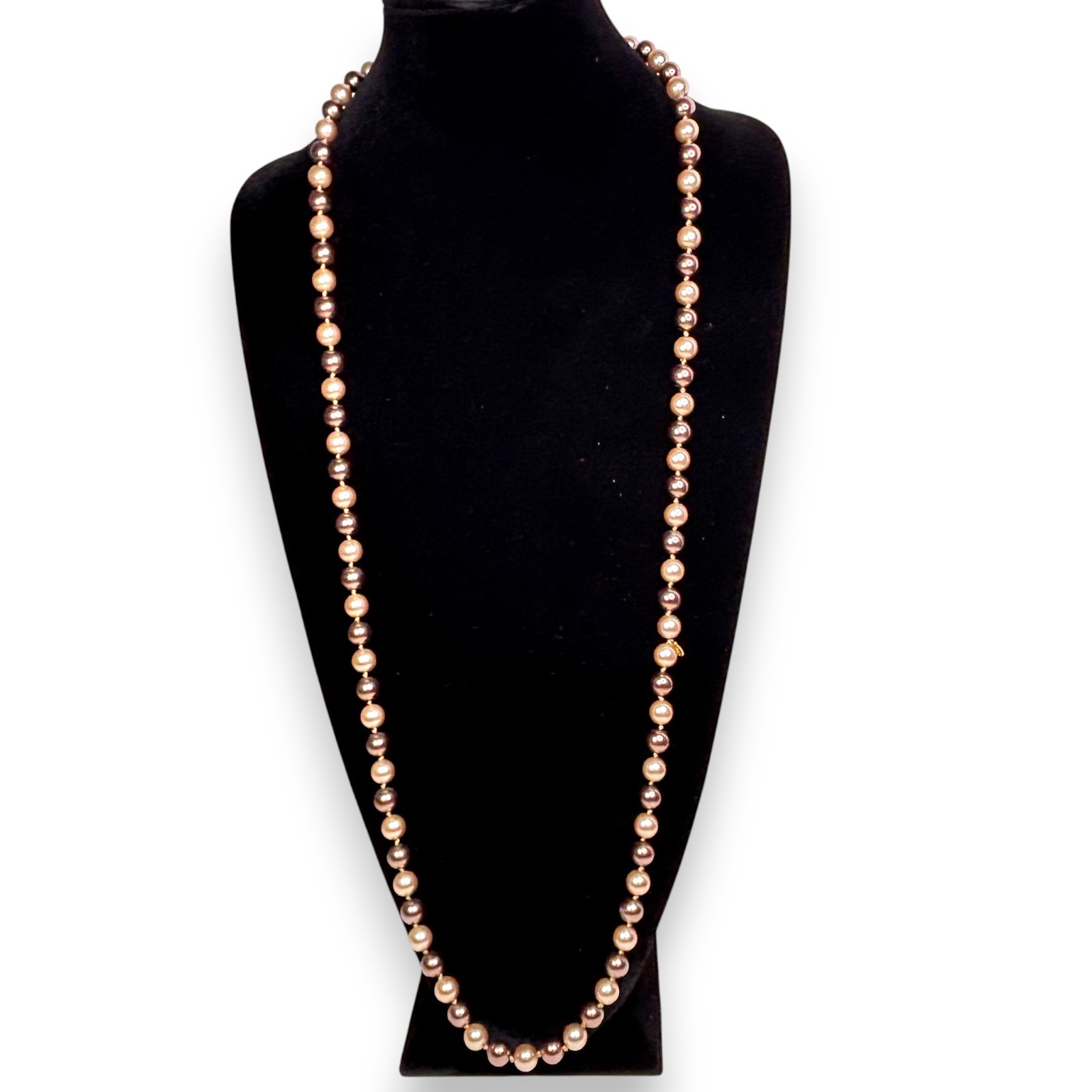 Roman Mid-Century Faux Pearl Necklace 30 Inch Brown Beige Knotted Opera Length