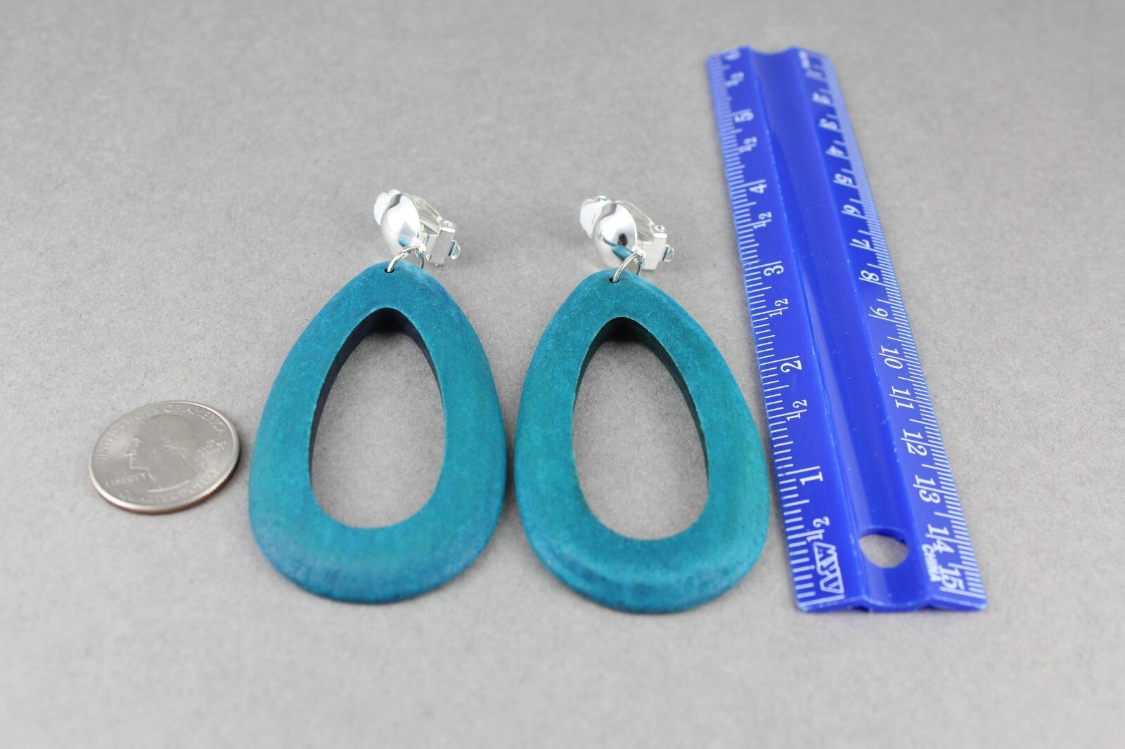 Teal Green Big Clip On wood earrings oval teardrop pendant clips 3.5″ long