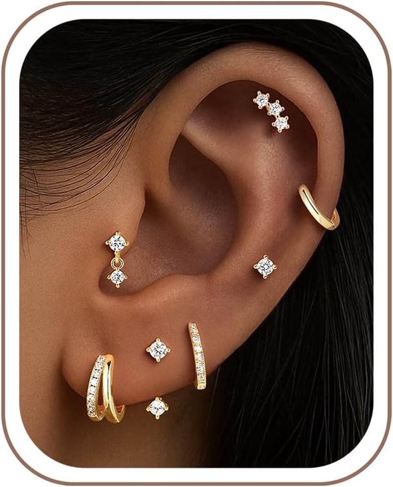 M MOOHAM Flat Back Stud Earrings Sets for Women – 7 Pairs Hoop Earrings, 14K-Gol