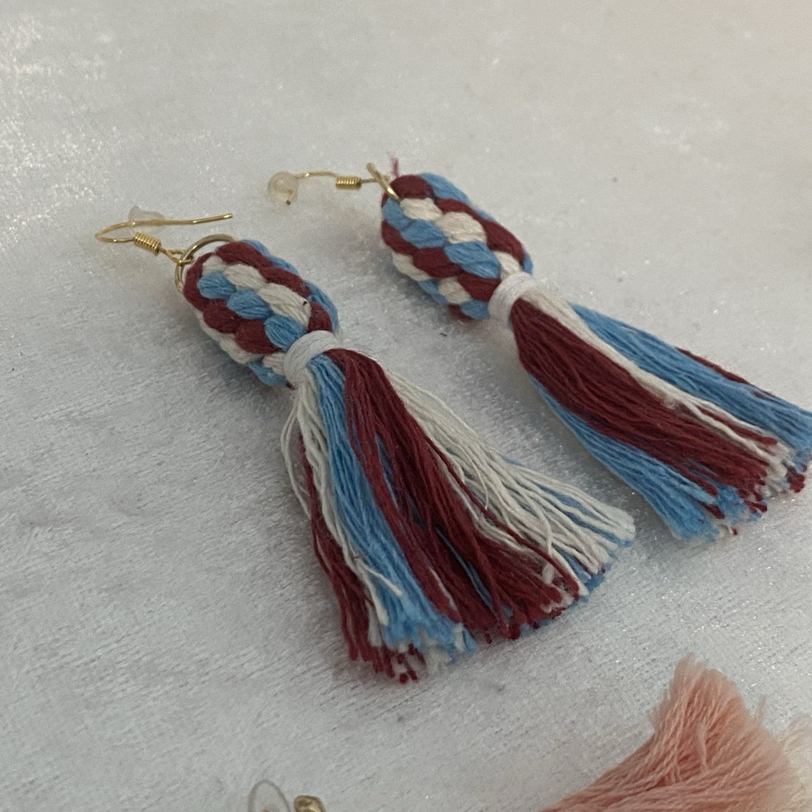 Tassel Earrings Macrame Triangle Wood Pink Gold Tone Floral Cross Stitch Patriot