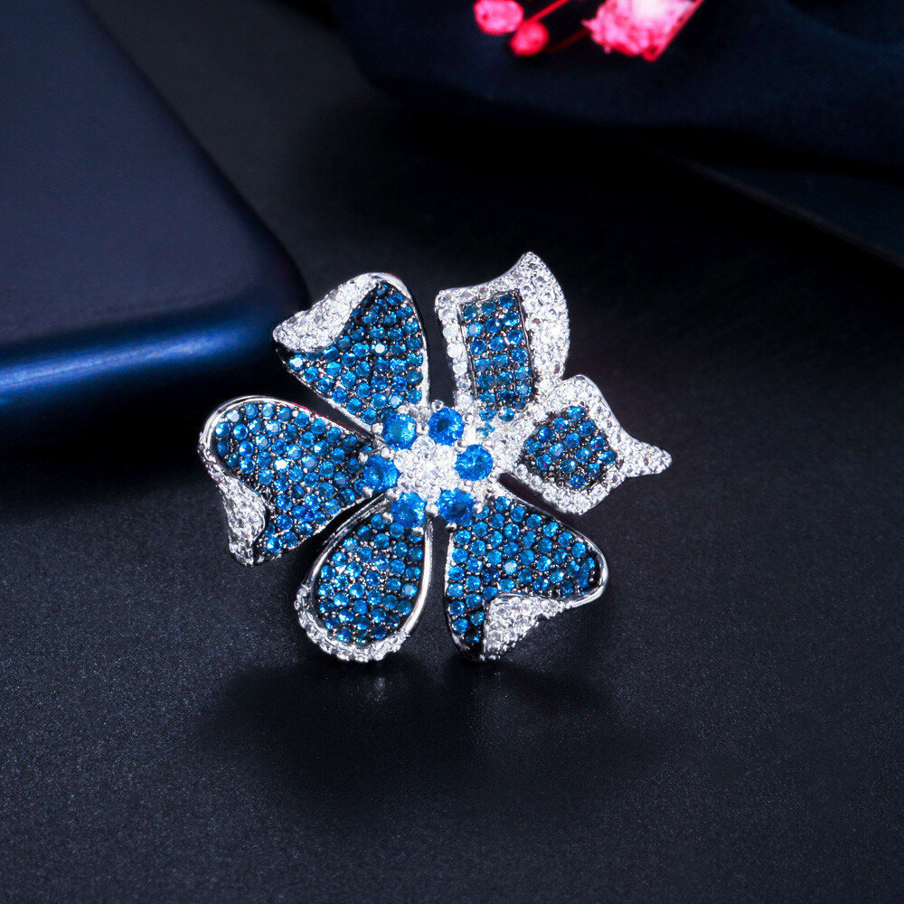 Adjustable 3D Geometric Flower Pave Setting Blue Cubic Zirconia Engagement Ring