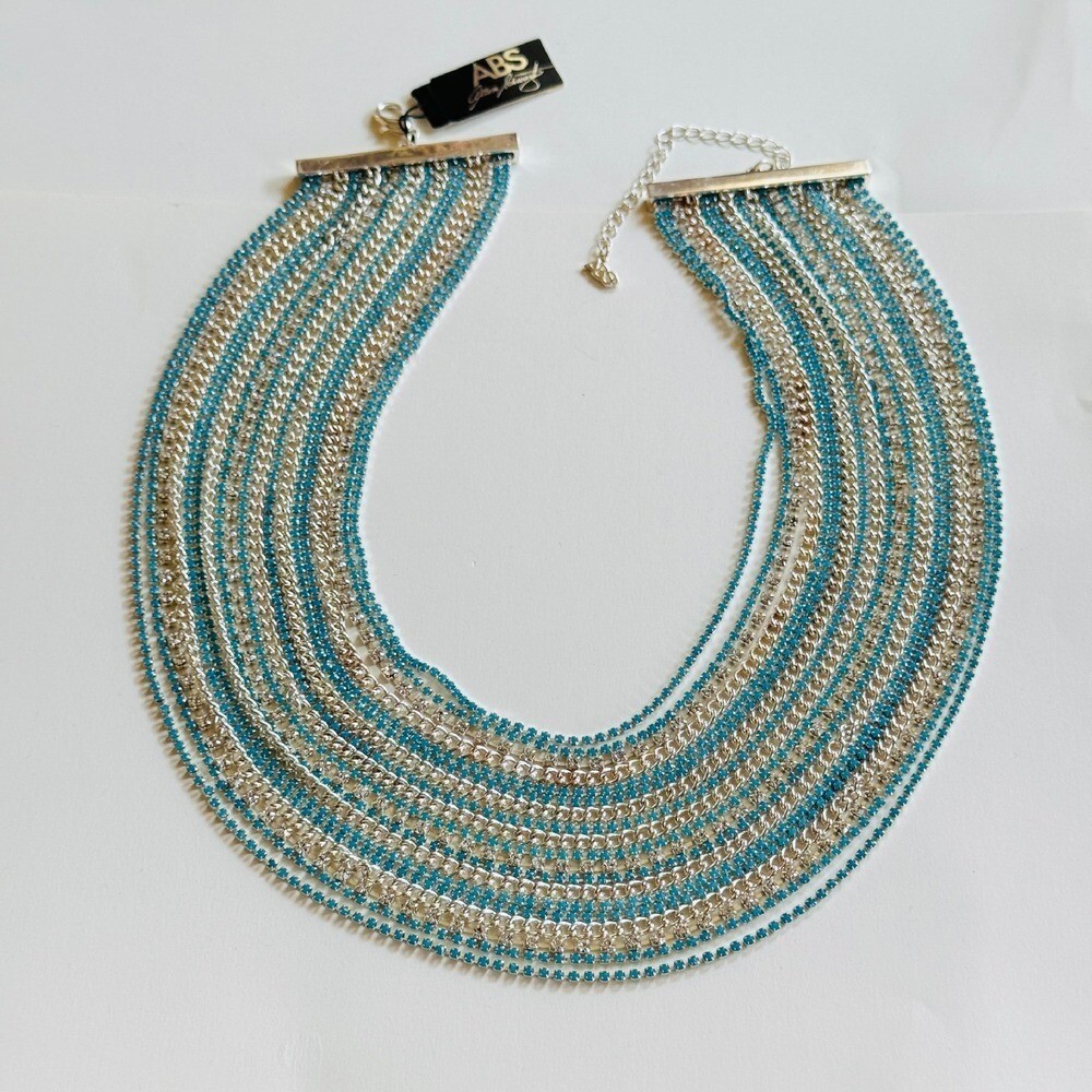 ABS Allen Schwartz Runway Necklace Blue Rhinestone Crystal Multi 19 Rows Blue