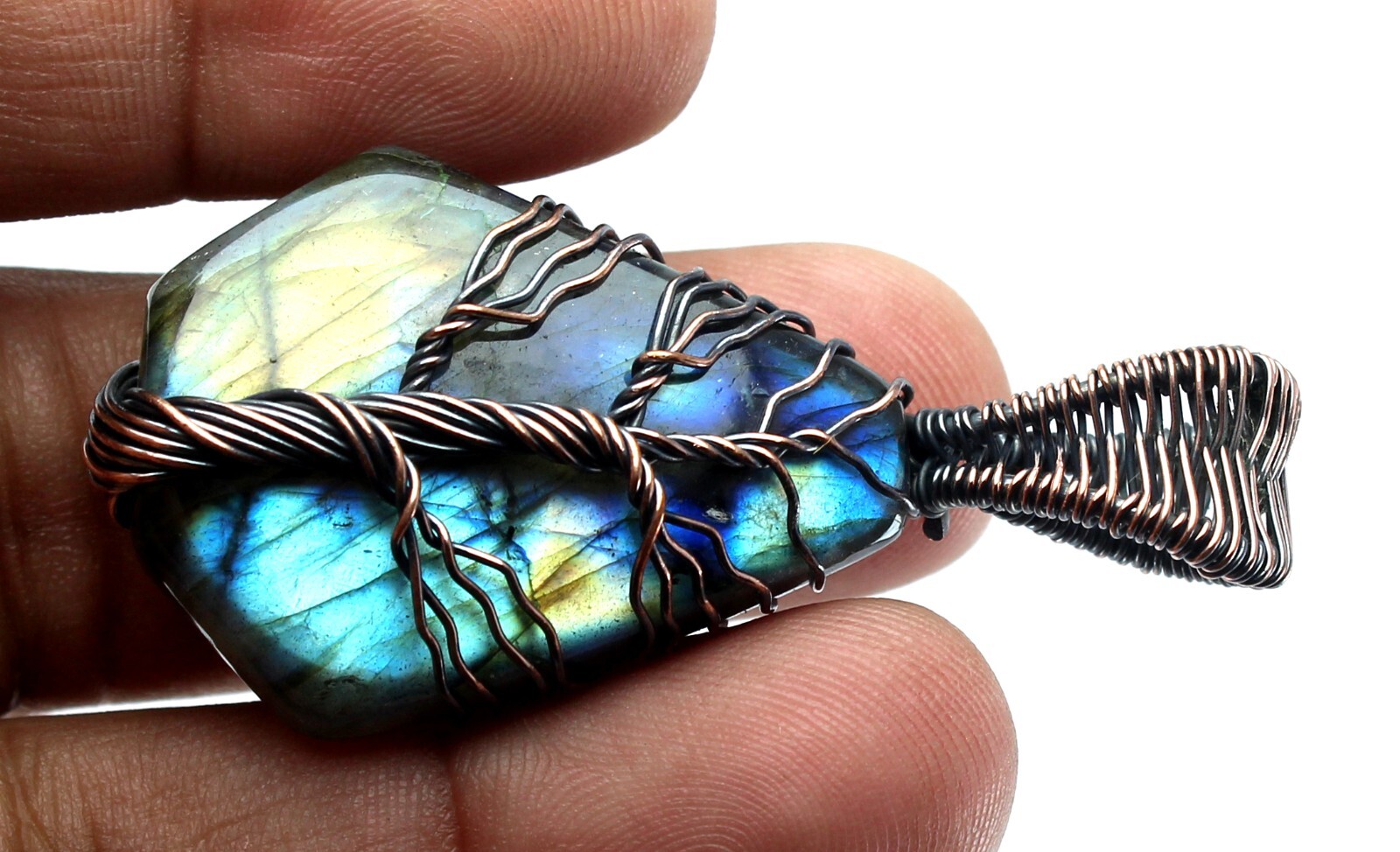 Wonderfully Unique Designed Labradorite Wire Wrapped Handcrafted Copper Pendant