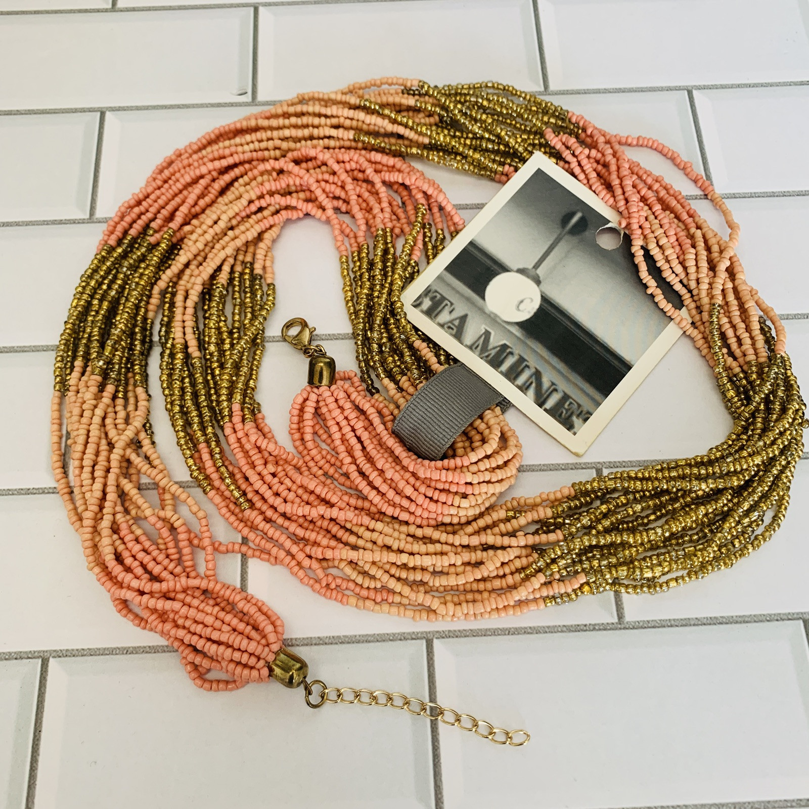New Seed Bead Necklace by Anthropologie salmon pink gold NWT $38. Multi Strand