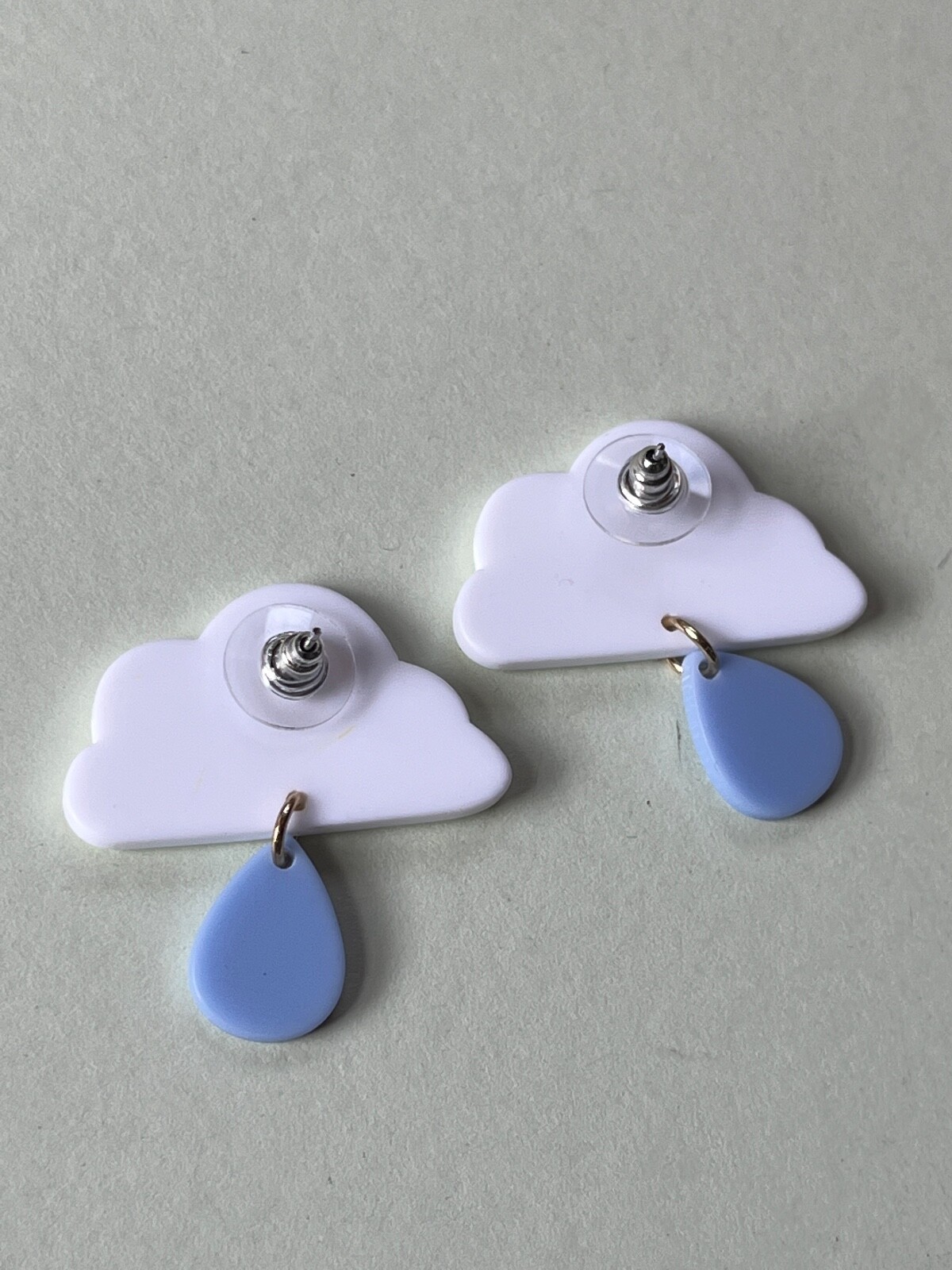 White Plastic Cloud w Light Blue Teardrop Raindrop Dangle Post Earrings for Pier