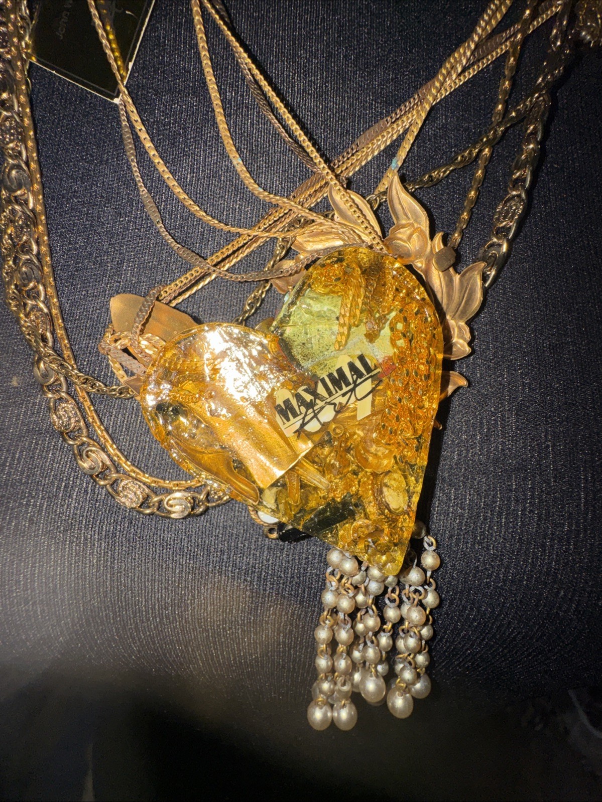 John Wind-Hilary Jay MAXIMAL ART Mixed Metal Clock HandCopper Pearl Brooch Chain