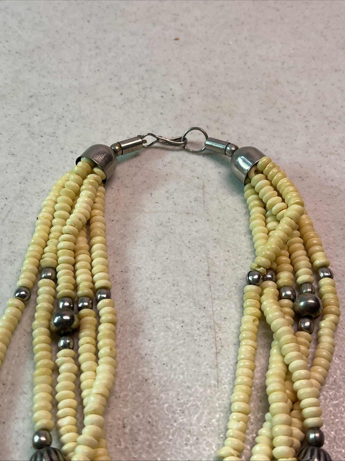 Multi Strand Cream/Silver Bead 19.5” Necklace Round Disk Native American Looking