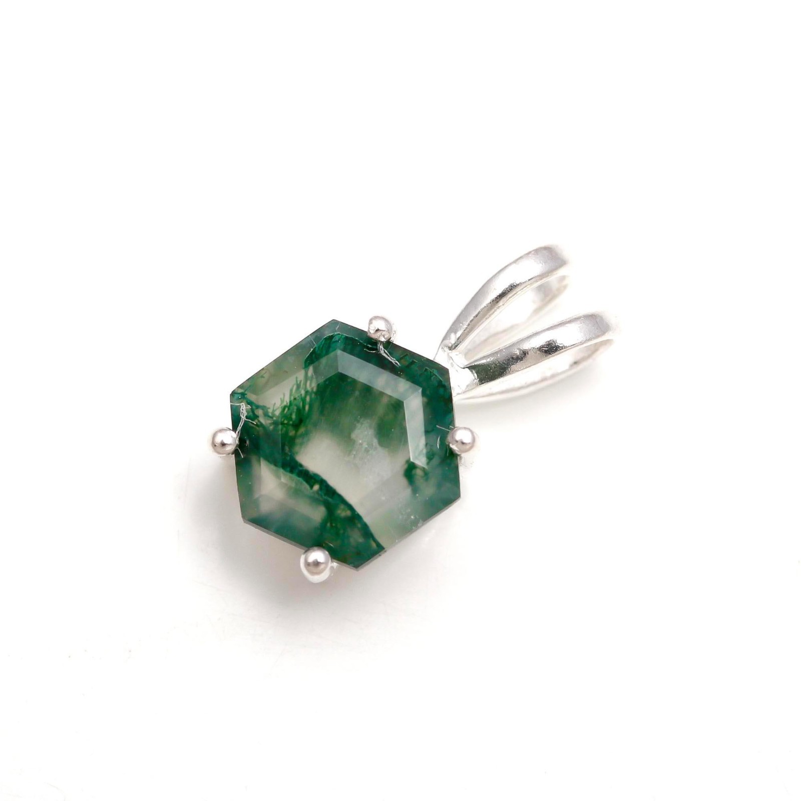 Natural Moss Agate Hexagon Pendant 925 Sterling Silver Jewelry Gift For Wedding