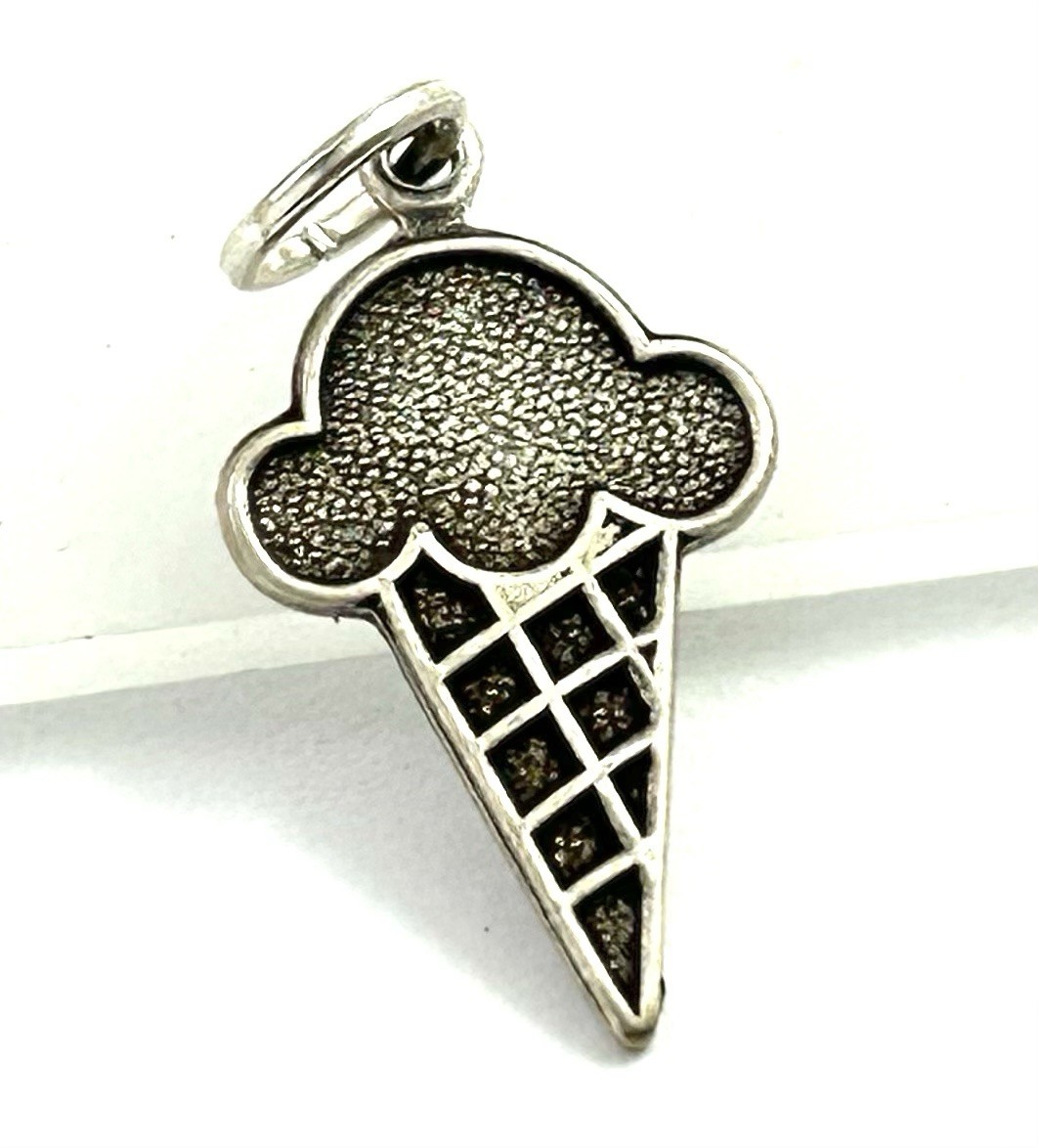 Ice Cream Cone Charm Dessert Pendant Novelty Antiqued Silver Plated Brass