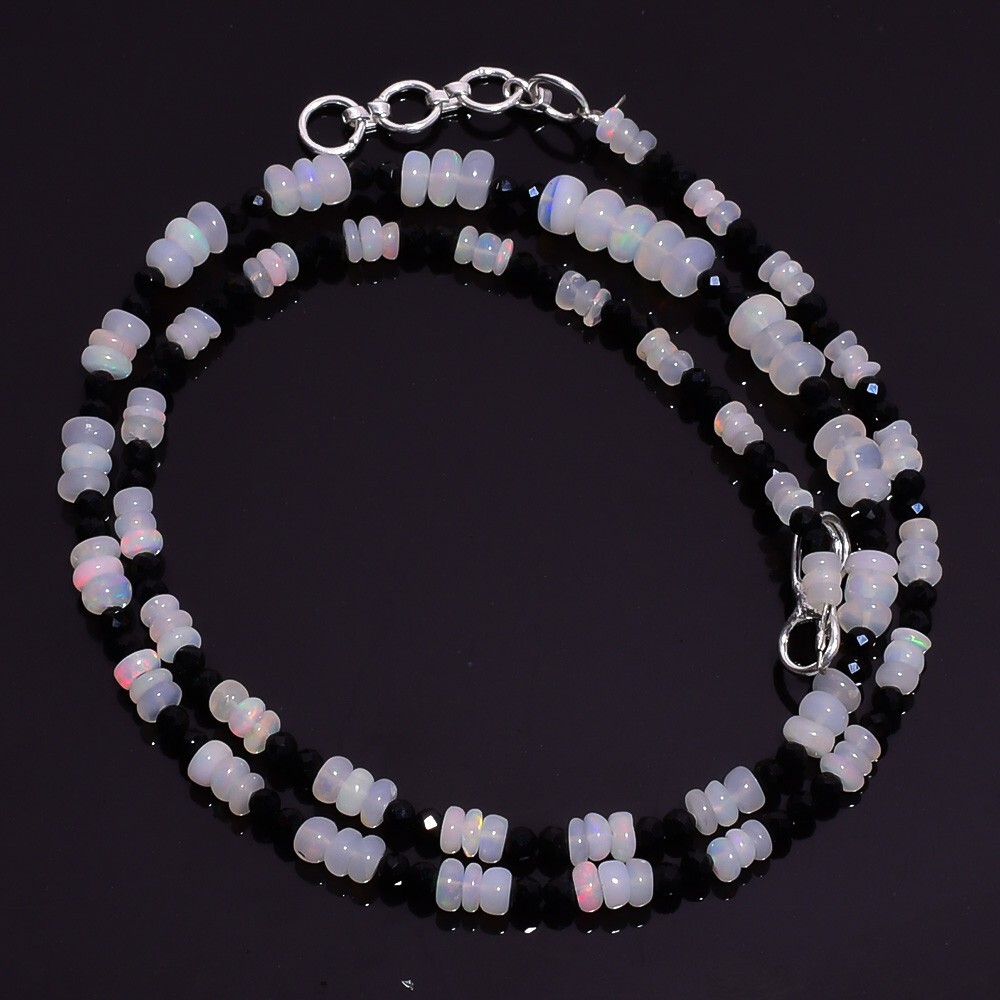 30 Ct. Natural Fire Ethiopian Opal Black Spinel Smooth Beads Necklace 16″ A-1971