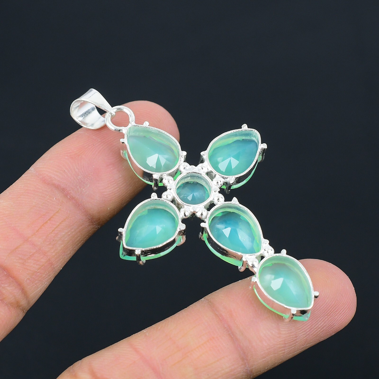Aqua Chalcedony Handmade Cross Design Pendant Jewelry Party Wear 2.6″ CP 010