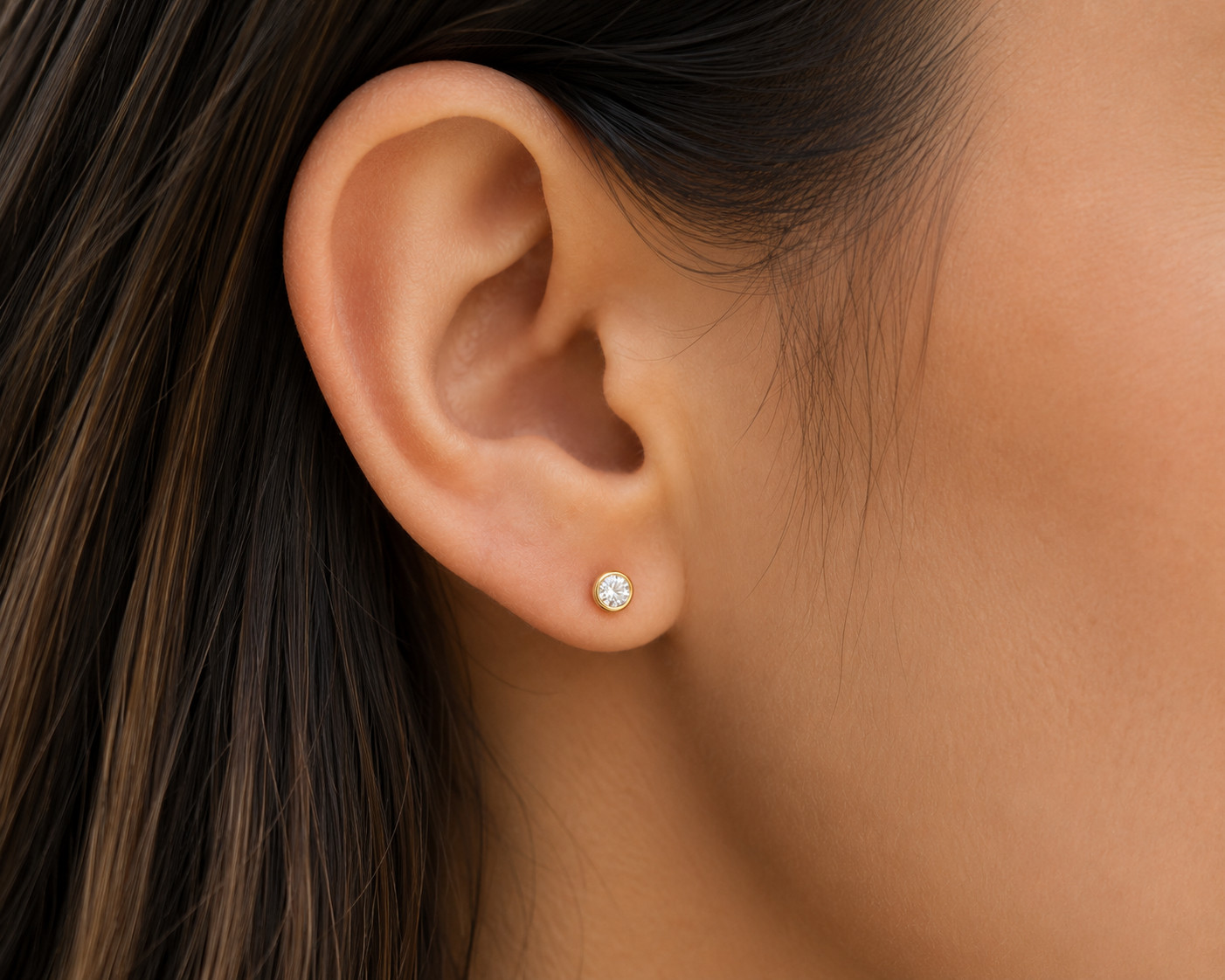 5mm Round Bezel CZ Stud Earrings 925 Sterling Silver 14K Gold Plated Women