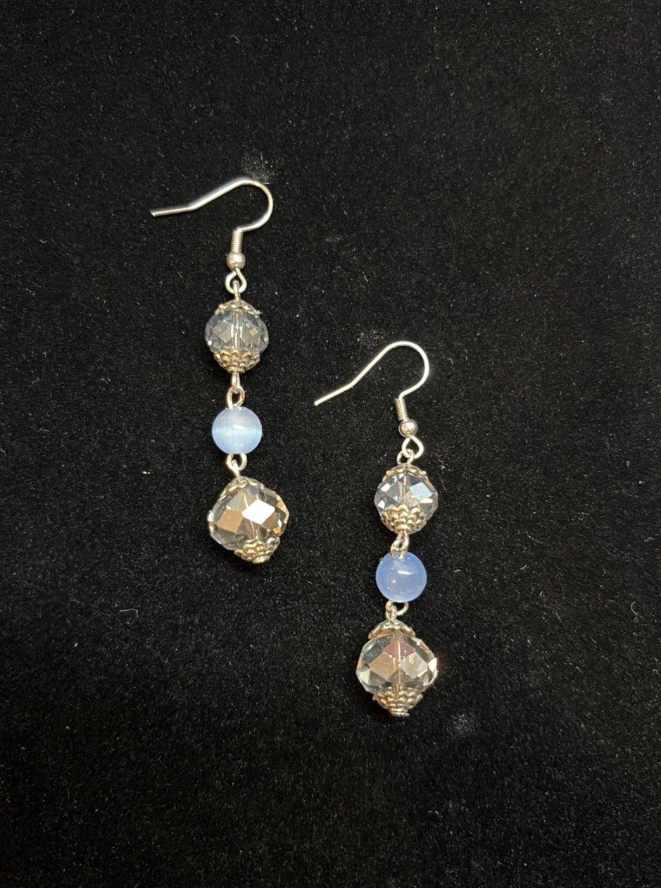 Handmade Blue Grey Silver Beaded Glass Crystal Catseye Dangle Fashion Earrings