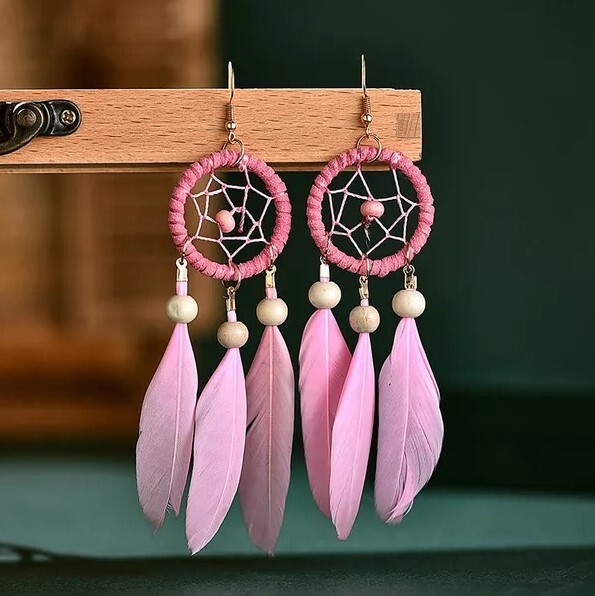 Pink Bohemian Earrings Dream Catcher Feather Earrings- Boho Long Tassel Stylish