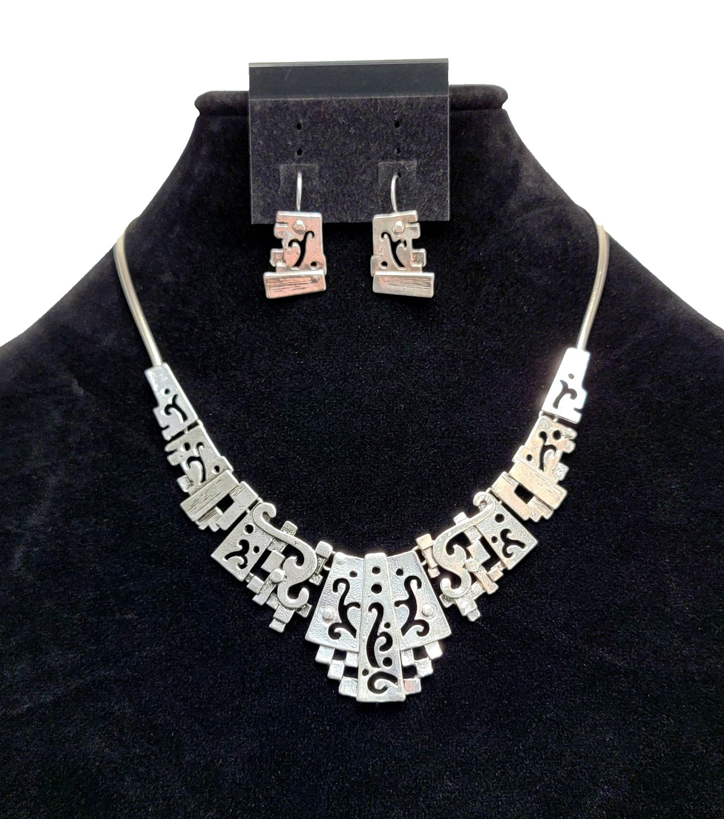 VTG Modernist Brutalist Silver Tone Geometric Bib Panel Collar Necklace Earrings