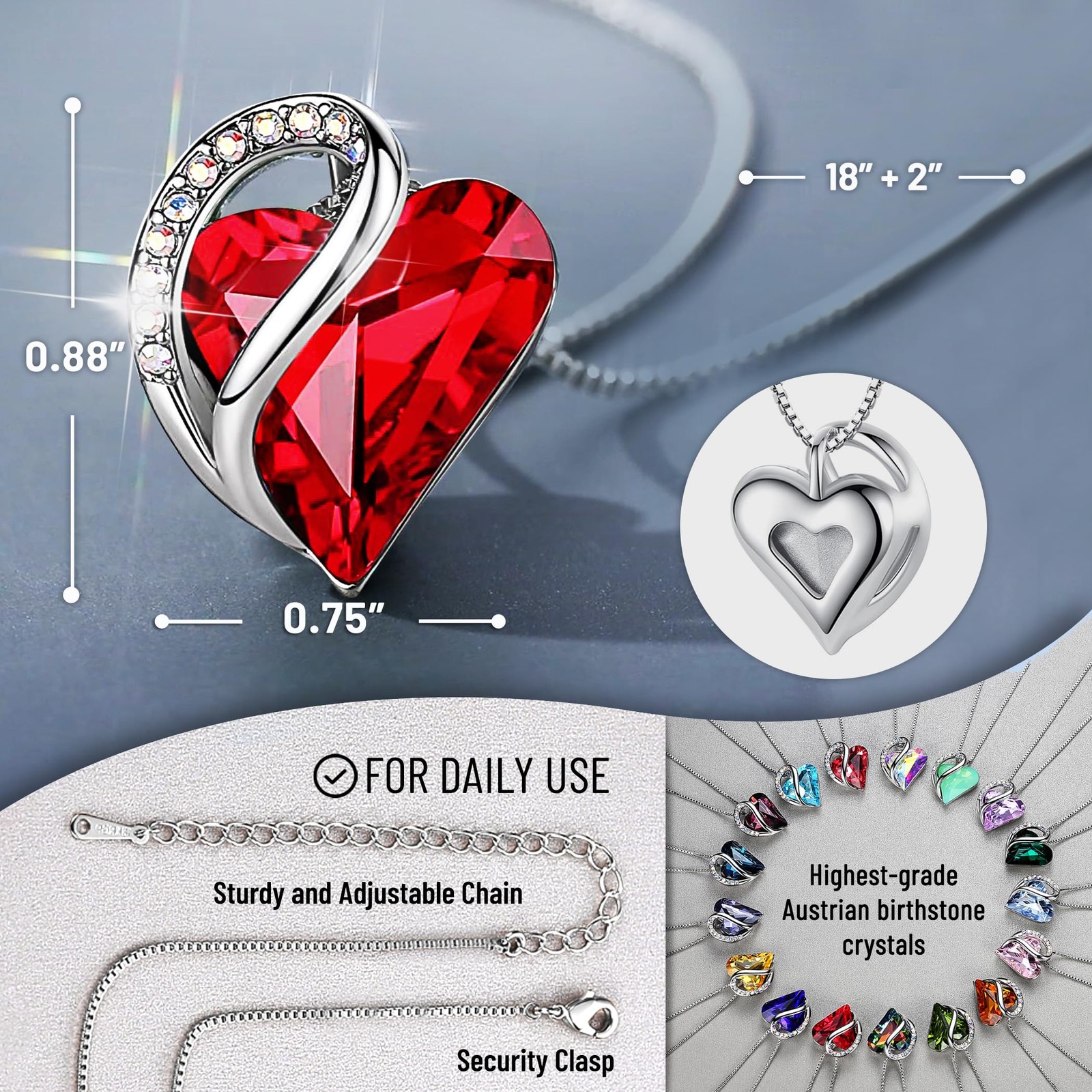 Gift Necklaces for Women, Infinity Love Birthstone Heart Pendant, Ruby Garnet…