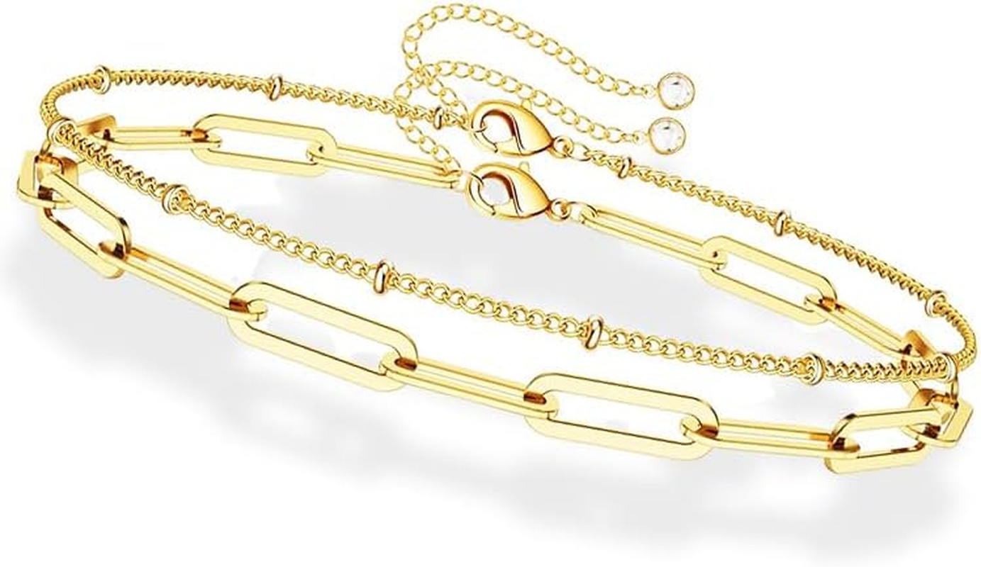 Dainty Gold Bracelets for Women, 14K Gold Filled Adjustable Layered Bracelet Cut
