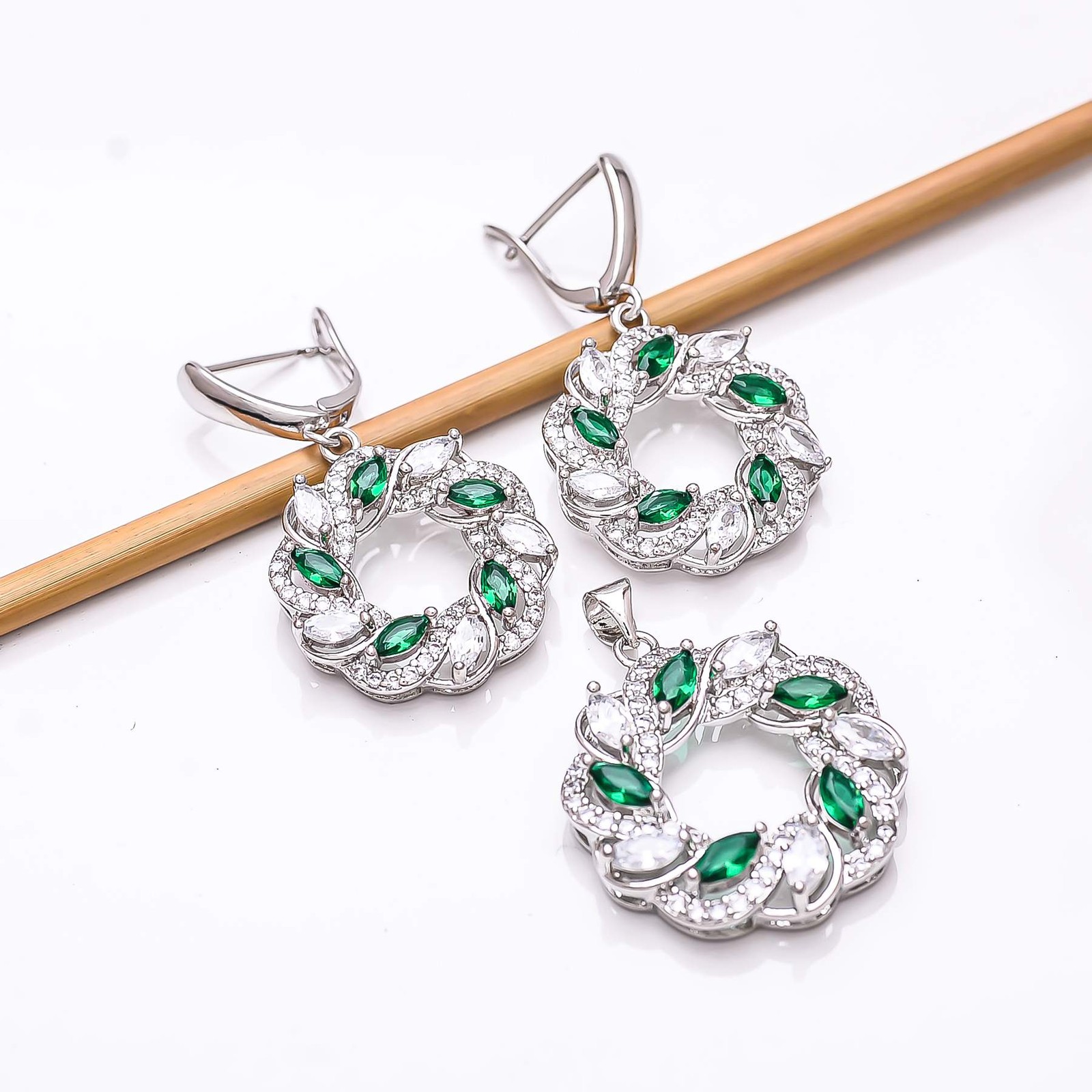 Emerald – Simulated & CZ Gemstone 925 Sterling Silver Pendant Earring Set PS8285