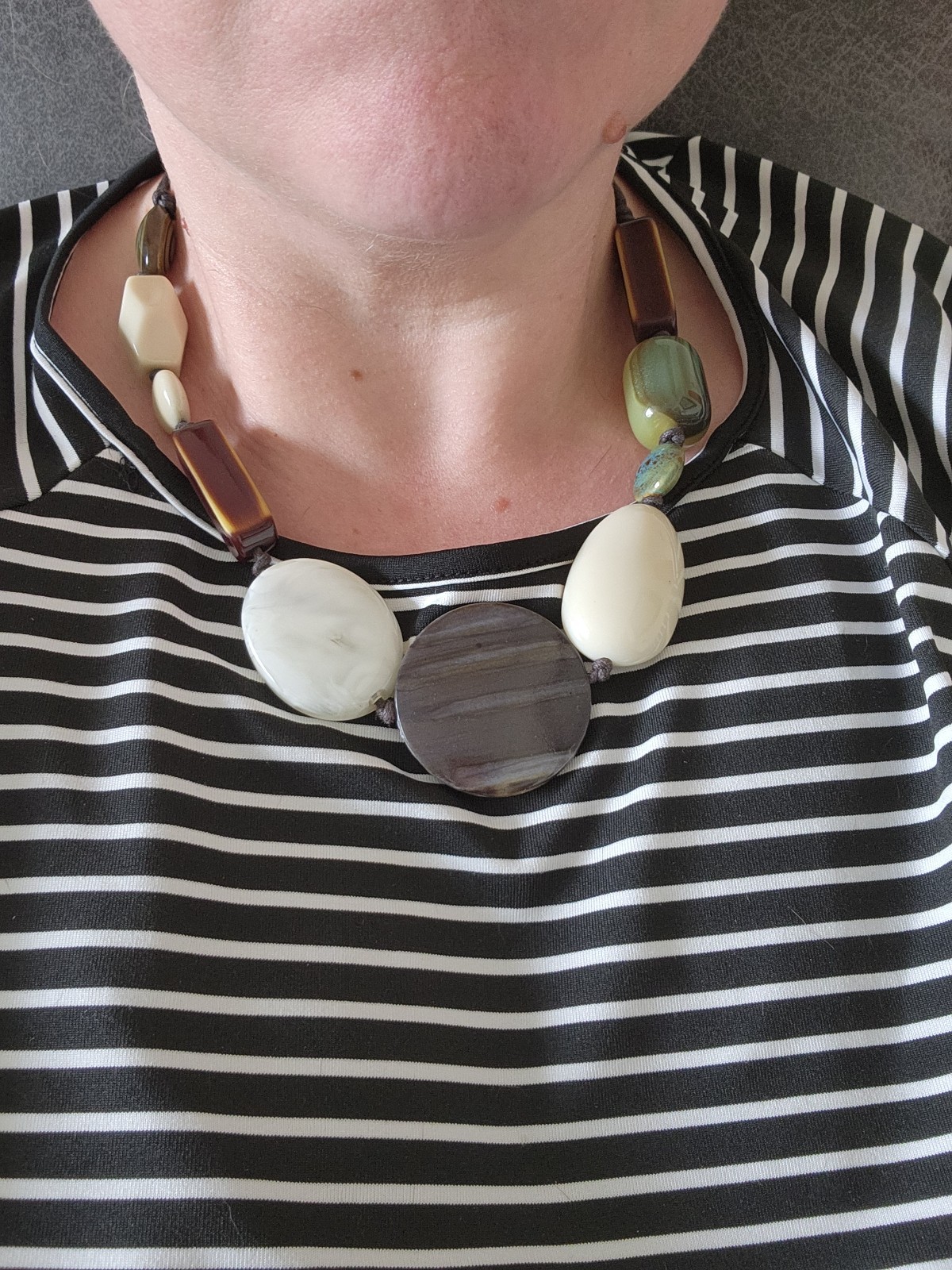 Chunky Mixed Resin Bead Statement Necklace Brown Cream Green Contemporary Boho
