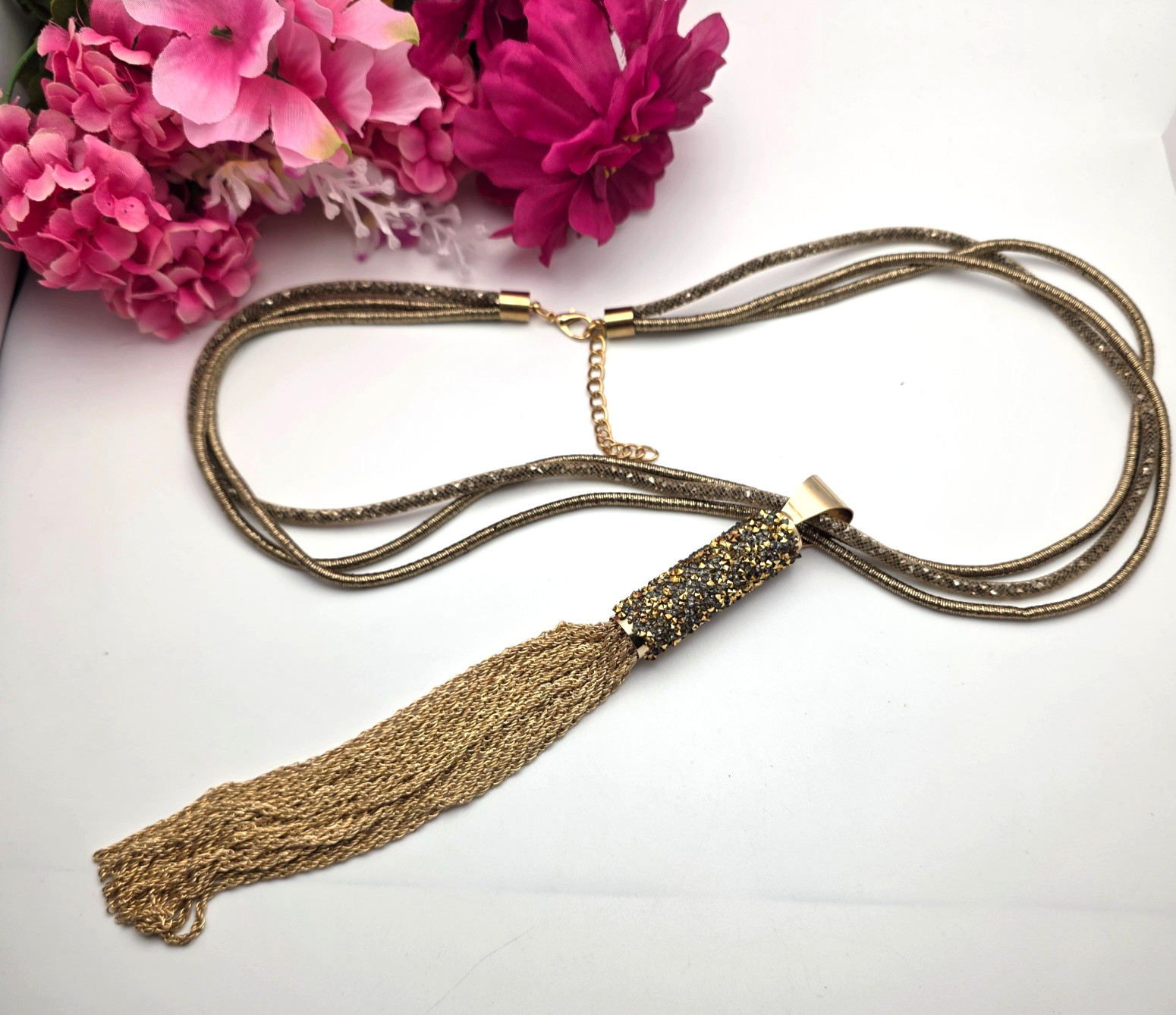 Gold Tone Mesh Chain Tassel Necklace Earrings Set Crystal Statement 31 In Adj.