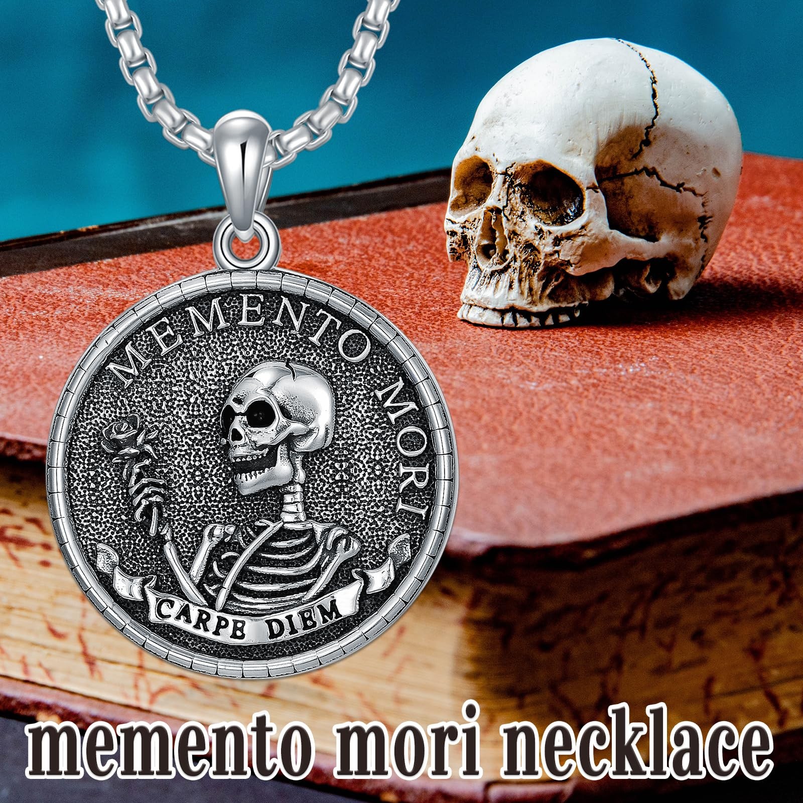 Memento Mori Necklace 925 Sterling Silver Skull Coin Necklace Carpe Diem Stoi…