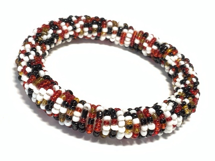 Gold, Red, White, & Black Beaded Bangle Bracelet 7-inches KC120