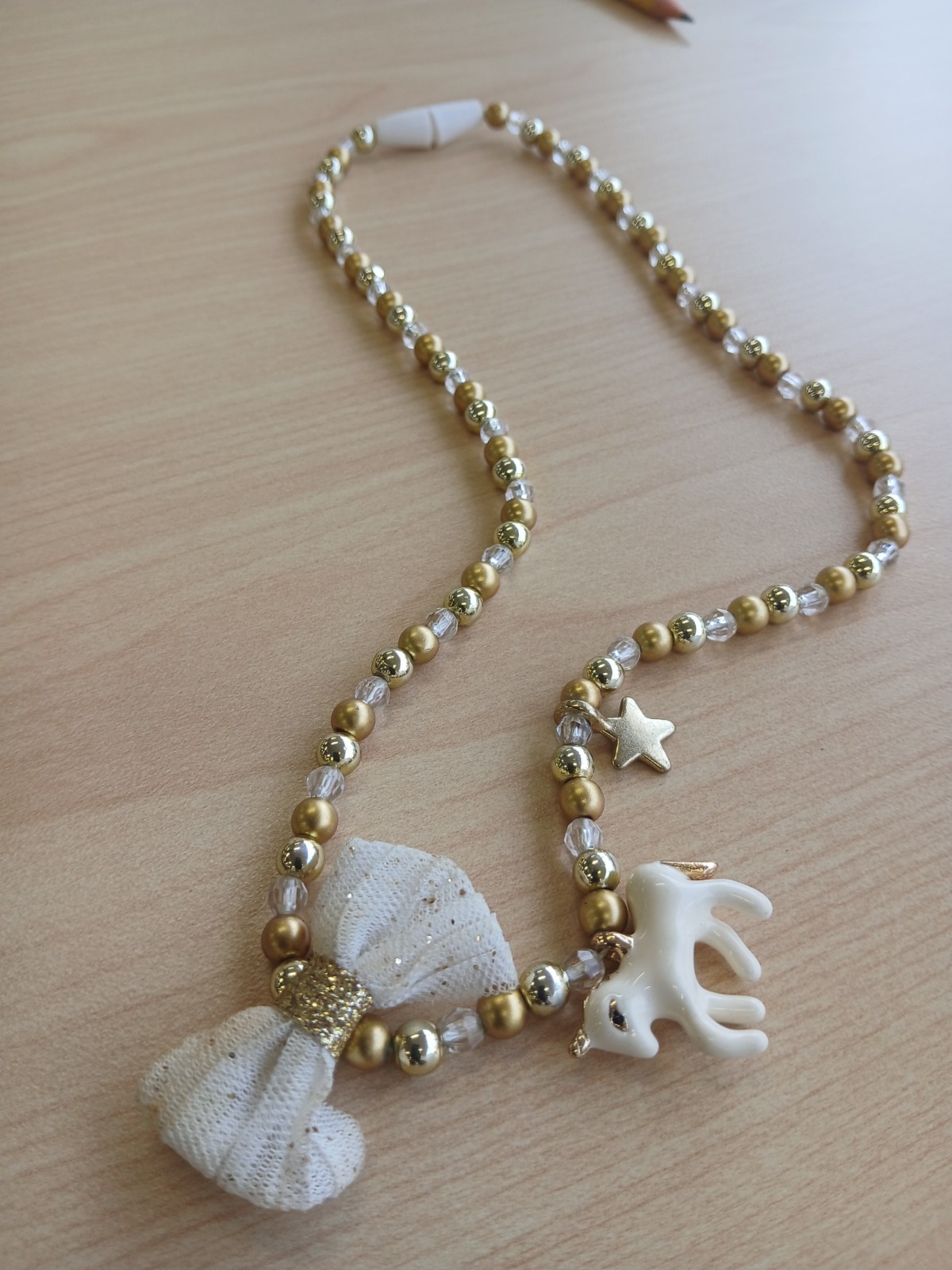 Gold & White Plastic Beaded Charm Necklace Ball/Bead Chain Bow Star Horse