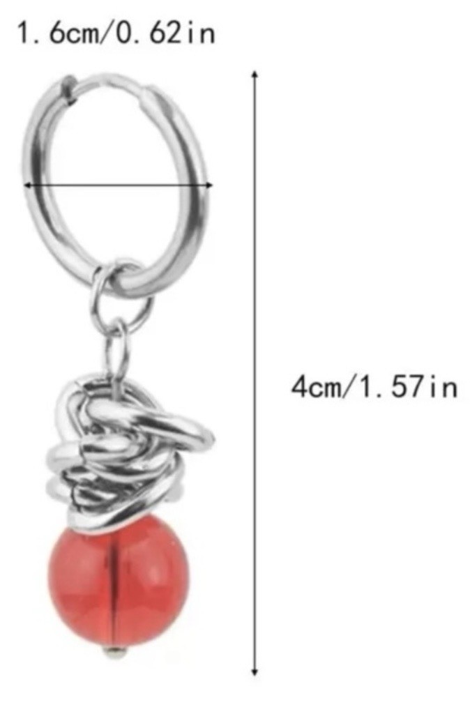 Silver Tone Huggie Hoop Dangle Earring (1 pc) Red Round Crystal Charm 4cm 1.6cm