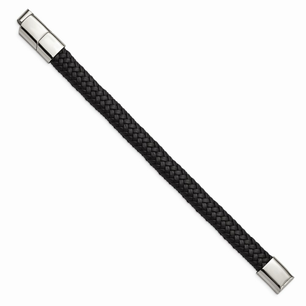 Stainless Steel Polished Black Woven Leather w/.5in ext 8in Bracelet