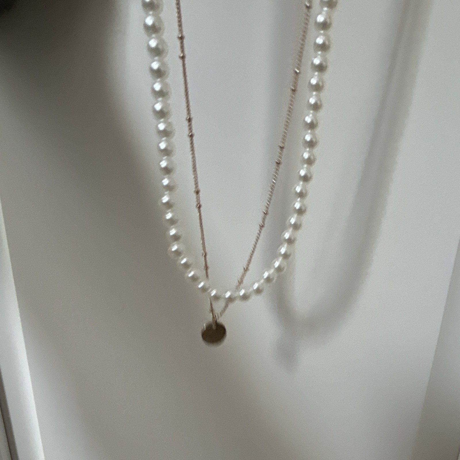 Layered White Faux Pearl Beaded Necklace w/ Gold Tone Round Charm (2 piece set)