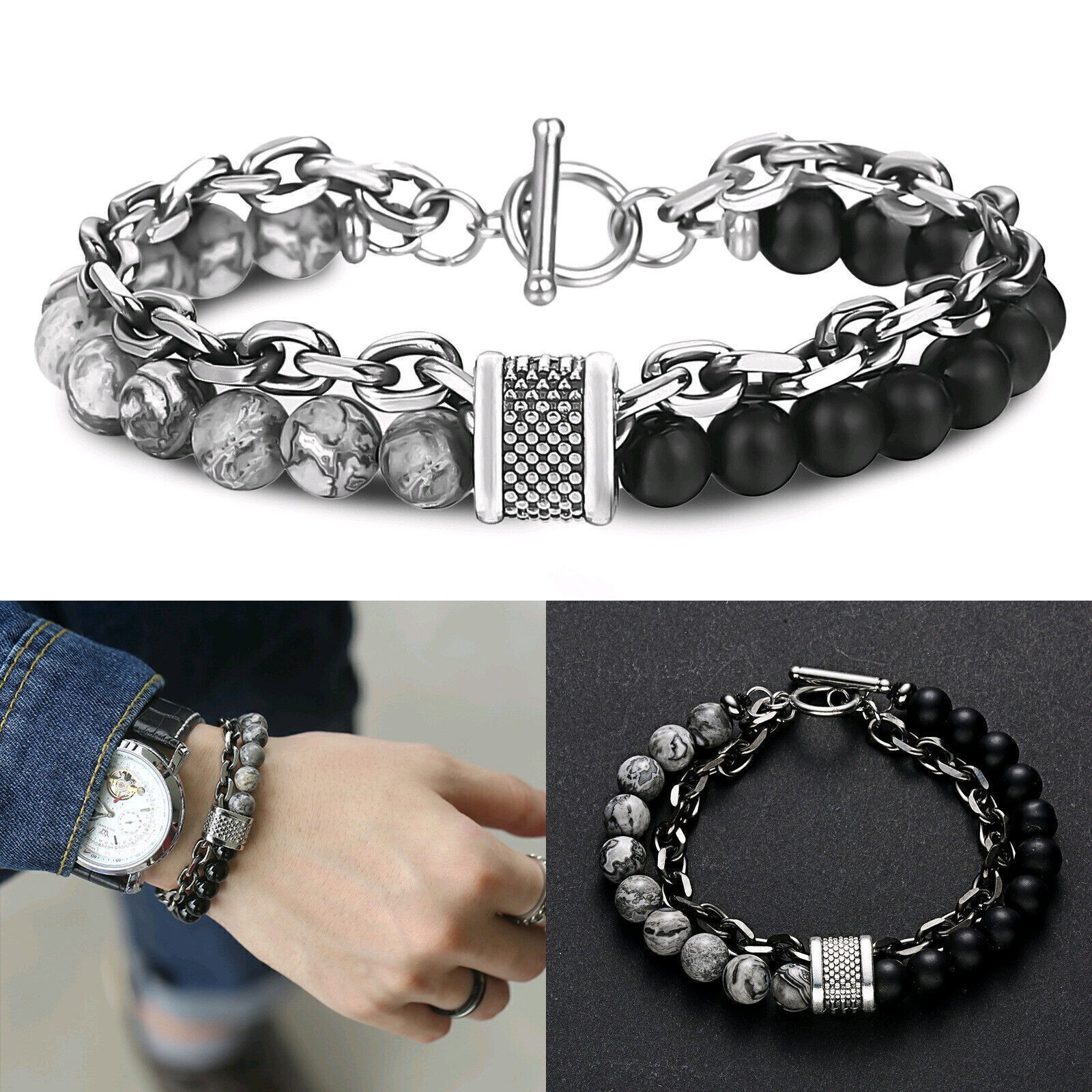 Mens Tiger Eye Beaded Bracelet Stainless Steel Natural Stone Unisex Jewelry Gift