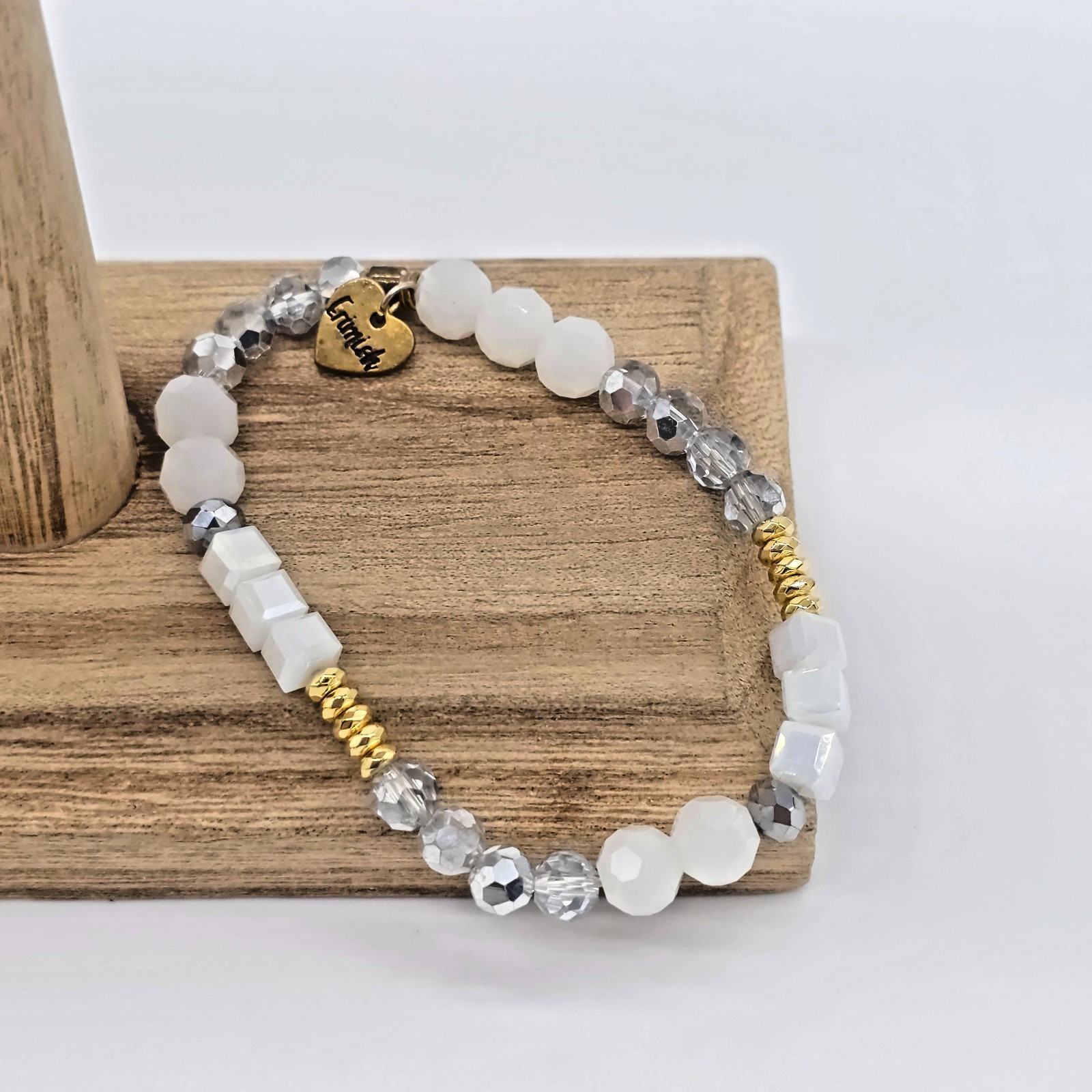Erimish Cloud White Clear and Silver Ombre Crystal Stretch Bracelet Gold Accents