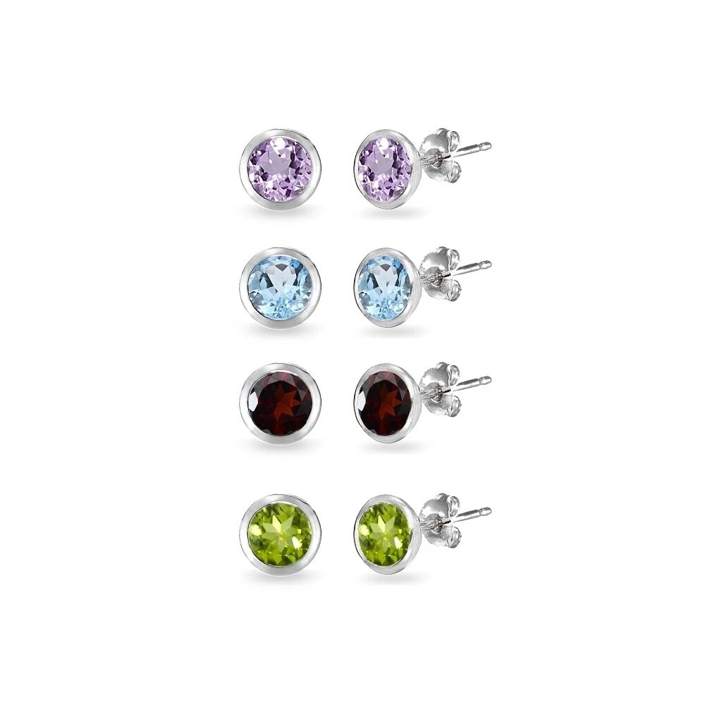 4-Pair Set Sterling Silver Gemstone Bezel-Set Solitaire Round 5mm Stud Earrings