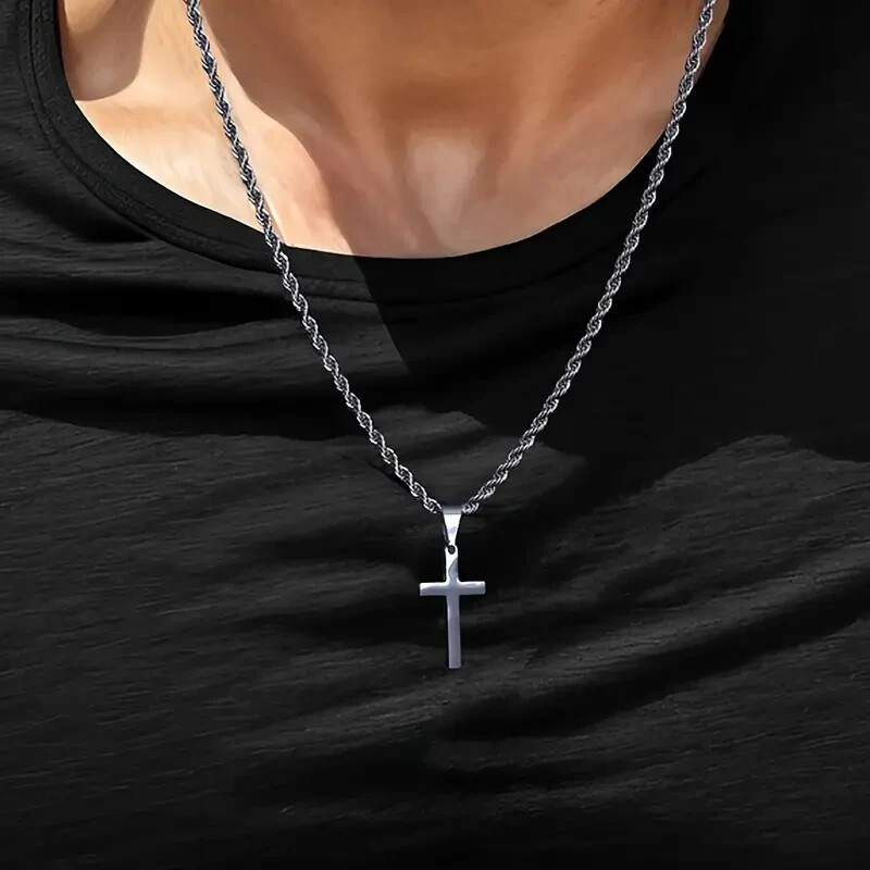 Men Stainless Steel Cross Pendant Necklace Hip Hop Simple Chain Silvery Gift New