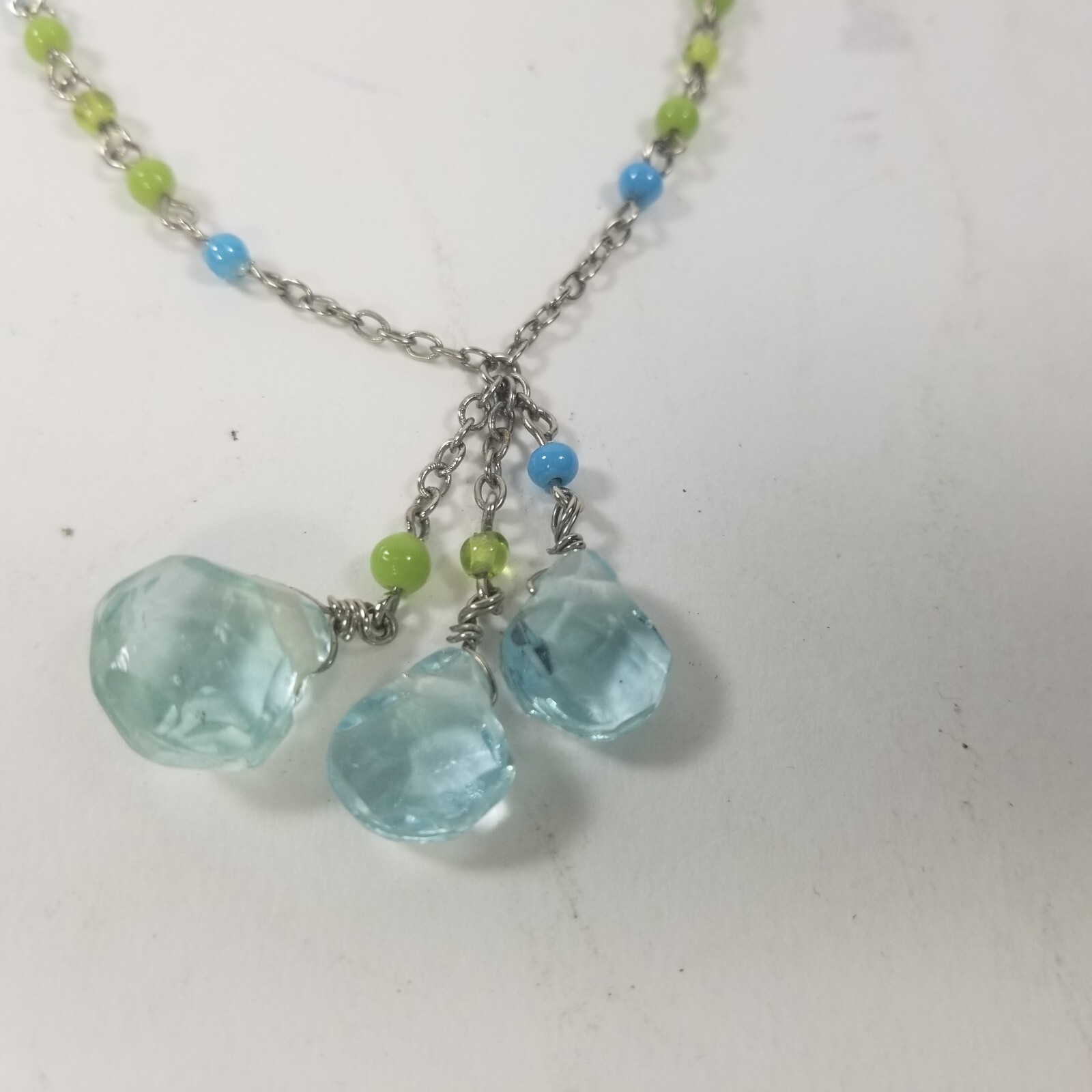 EXPRESS Blue Glass & Acrylic Beaded Dangle Tassle Pendant Necklace Silver Tone