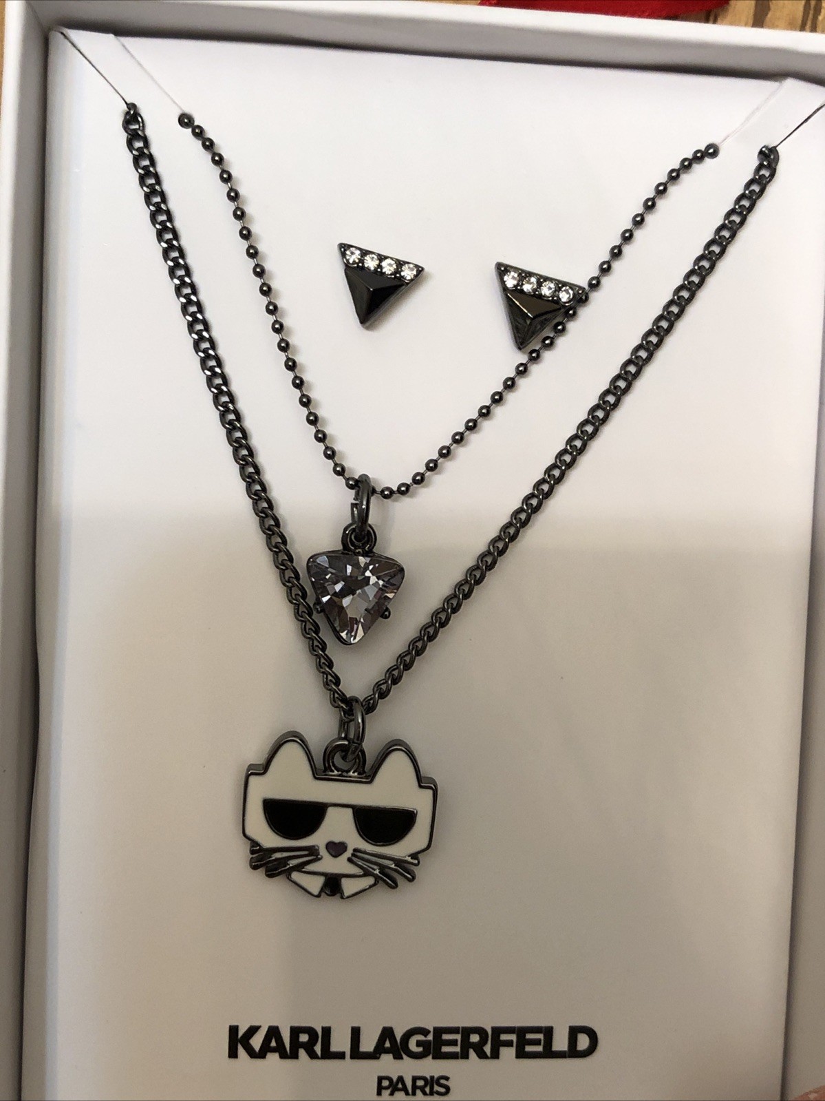 Karl Lagerfeld Paris Choupette Layered Pendant Necklace & Stud Earring Set NIB