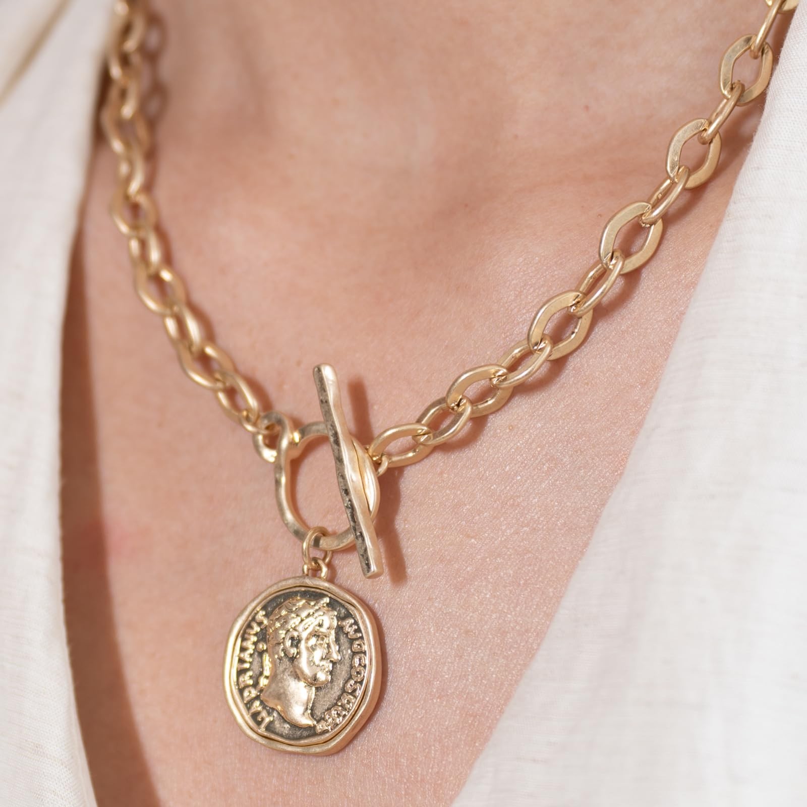 Husykam Chunky Roman Coin Antique Gold Plated Thick Link Chain 2Pcs Layered Set