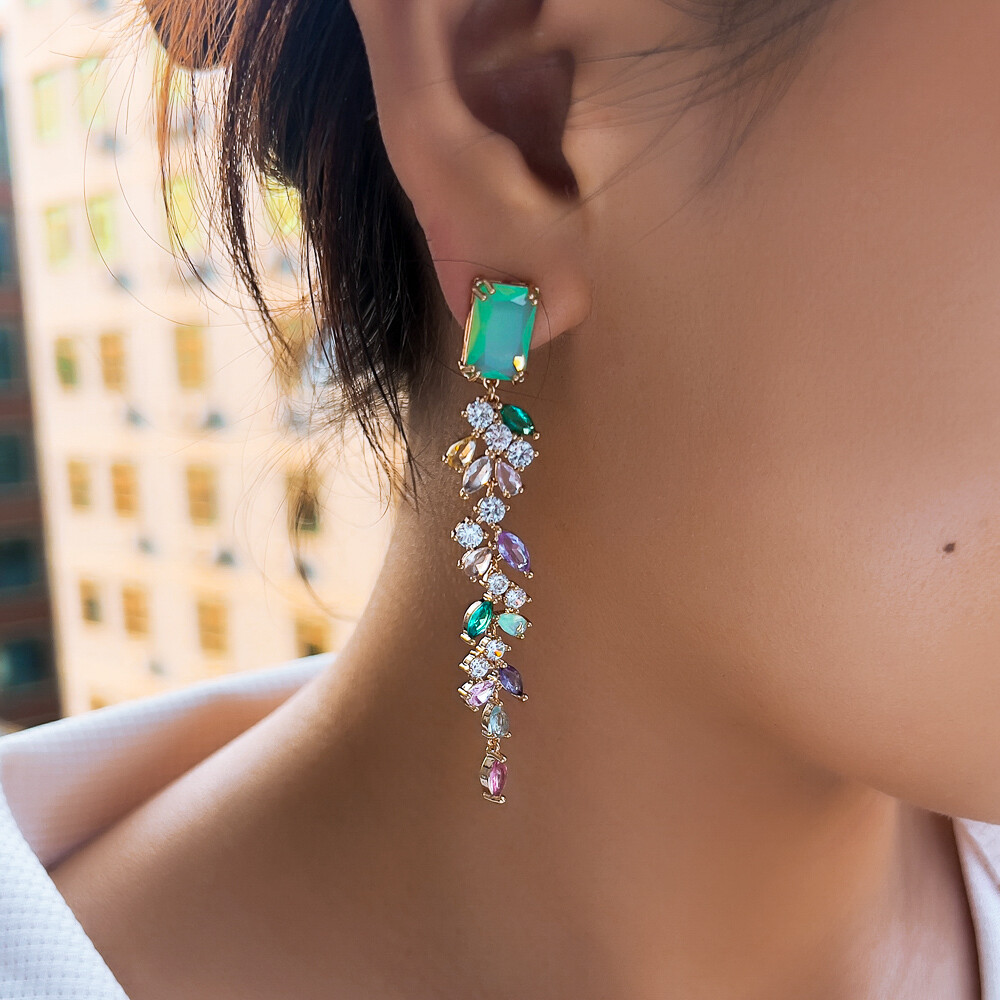 CZ Green Baguette Multicolor Leaf Long Drop Earrings Gold Plated Wedding Jewelry