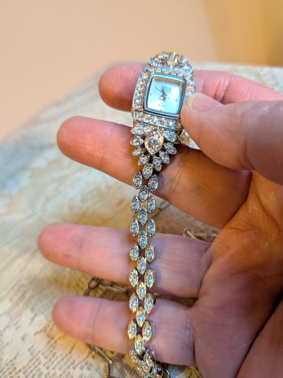 Vintage Non-Working Nolan Miller Silver Tone Qtz Watch Choker w/Rhinestones