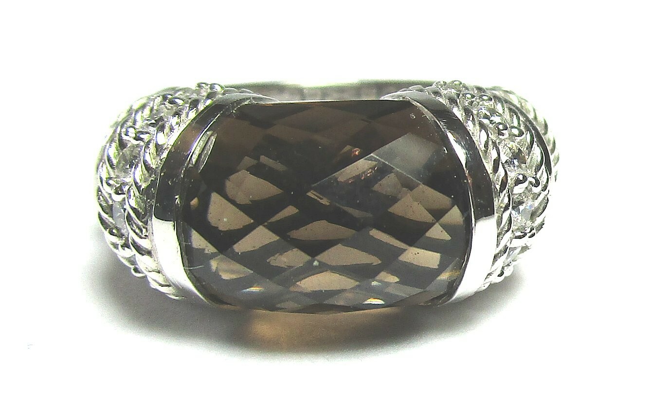 JUDITH RIPKA Sterling Silver Ring w Smoky Topaz / CZ’s 10.2 grams lot 28y3