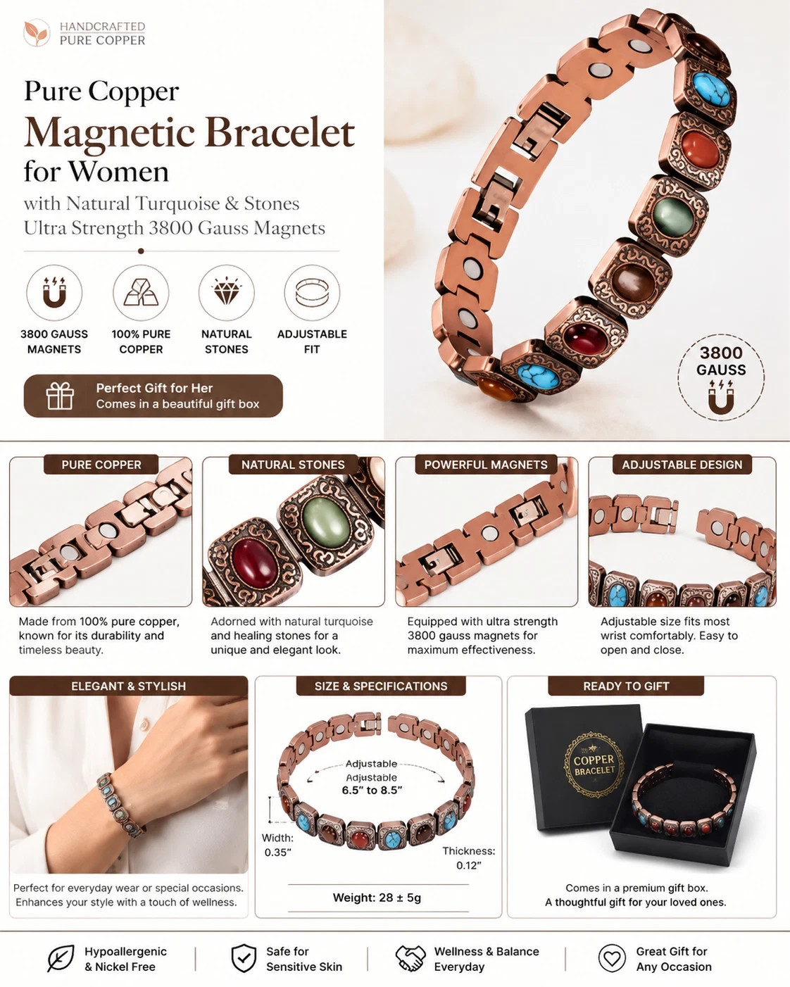 99.99% Pure Copper Magnetic Cuff Bracelet Women Natural Stone Gift