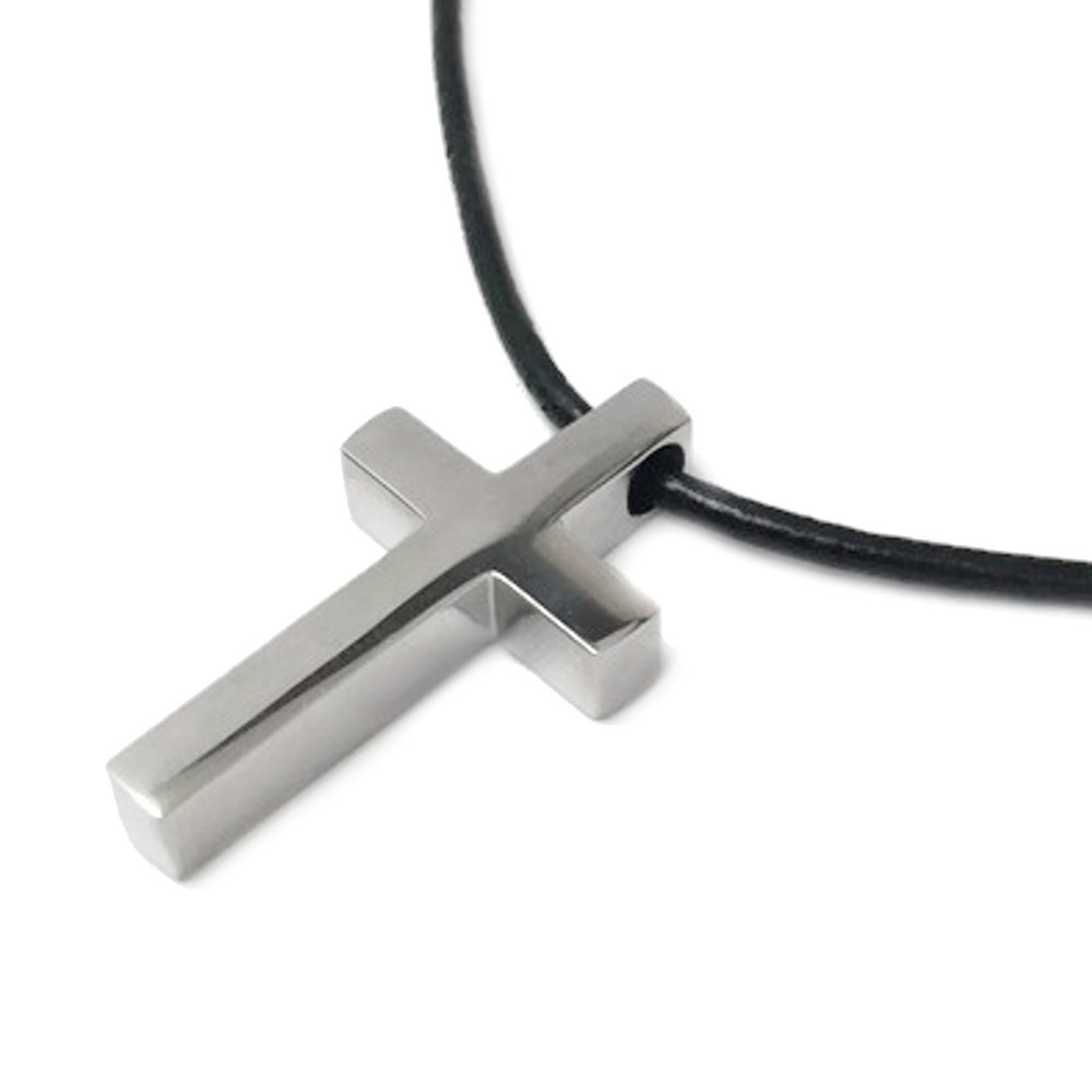 Plain Stainless Steel Cross Pendant 16″ Black Leather Necklace Religious Mens