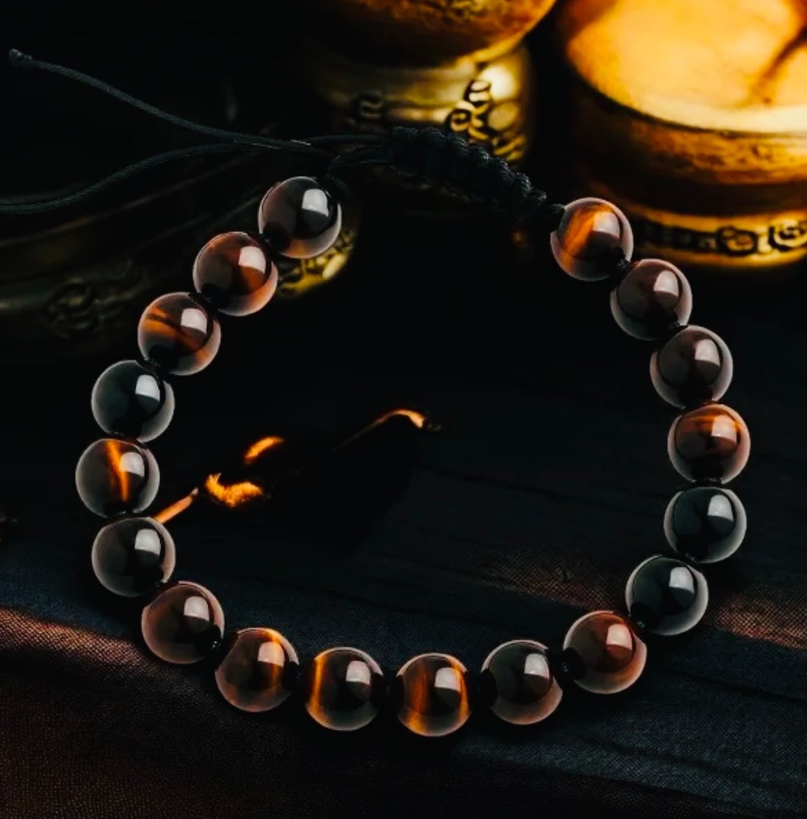 Men’s Tiger Eye Black Obsidian Beaded Adjustable Bracelet 8mm Natural Stone