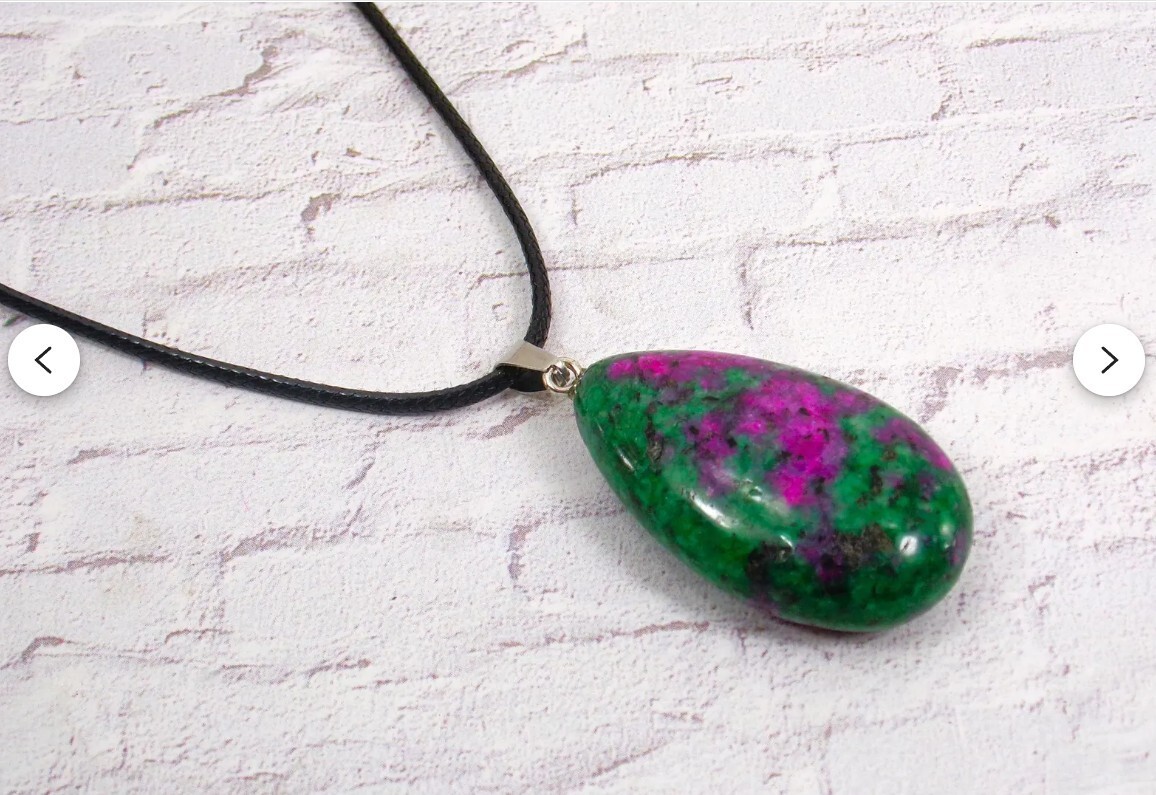 Natural ruby in zoisite teardrop stone pendant necklace on black cord New