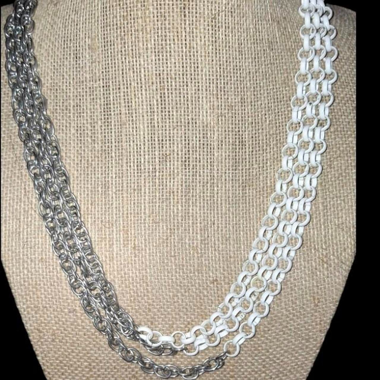 Silver and white chain necklace with 3 layers of chain adjustable length euc