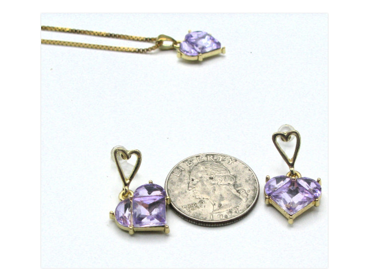 Elegant Lavender Heart Crystal Necklace & Earrings Set, Romantic Pastel Gift