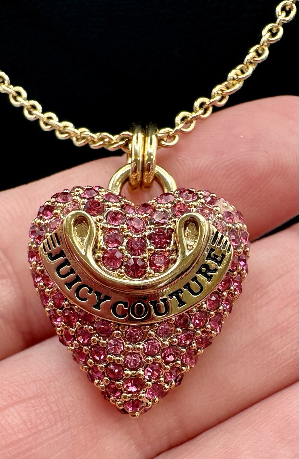 Juicy Couture Pink Crystal Heart Necklace Gold Tone Adjustable 16-20” Box Y2K