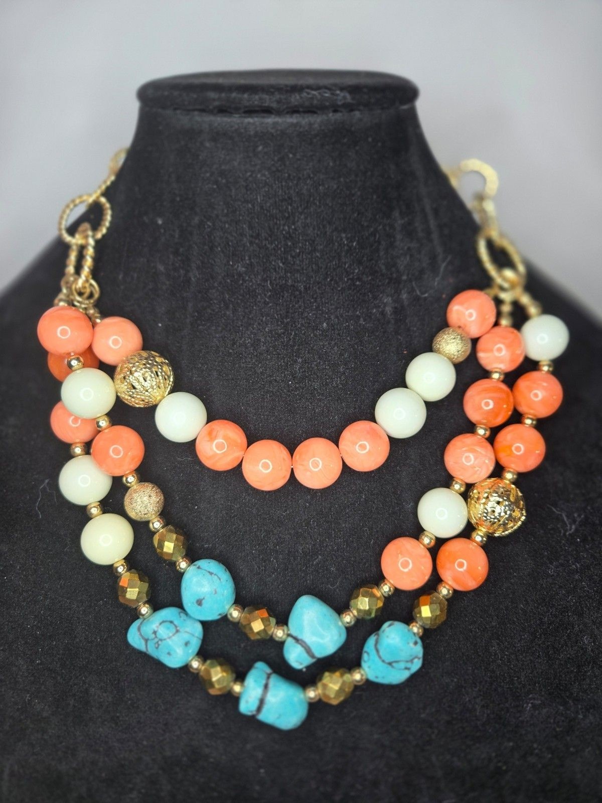 Gold Tone Layered Necklace with Pink White and Teal Beads Adjustable Length